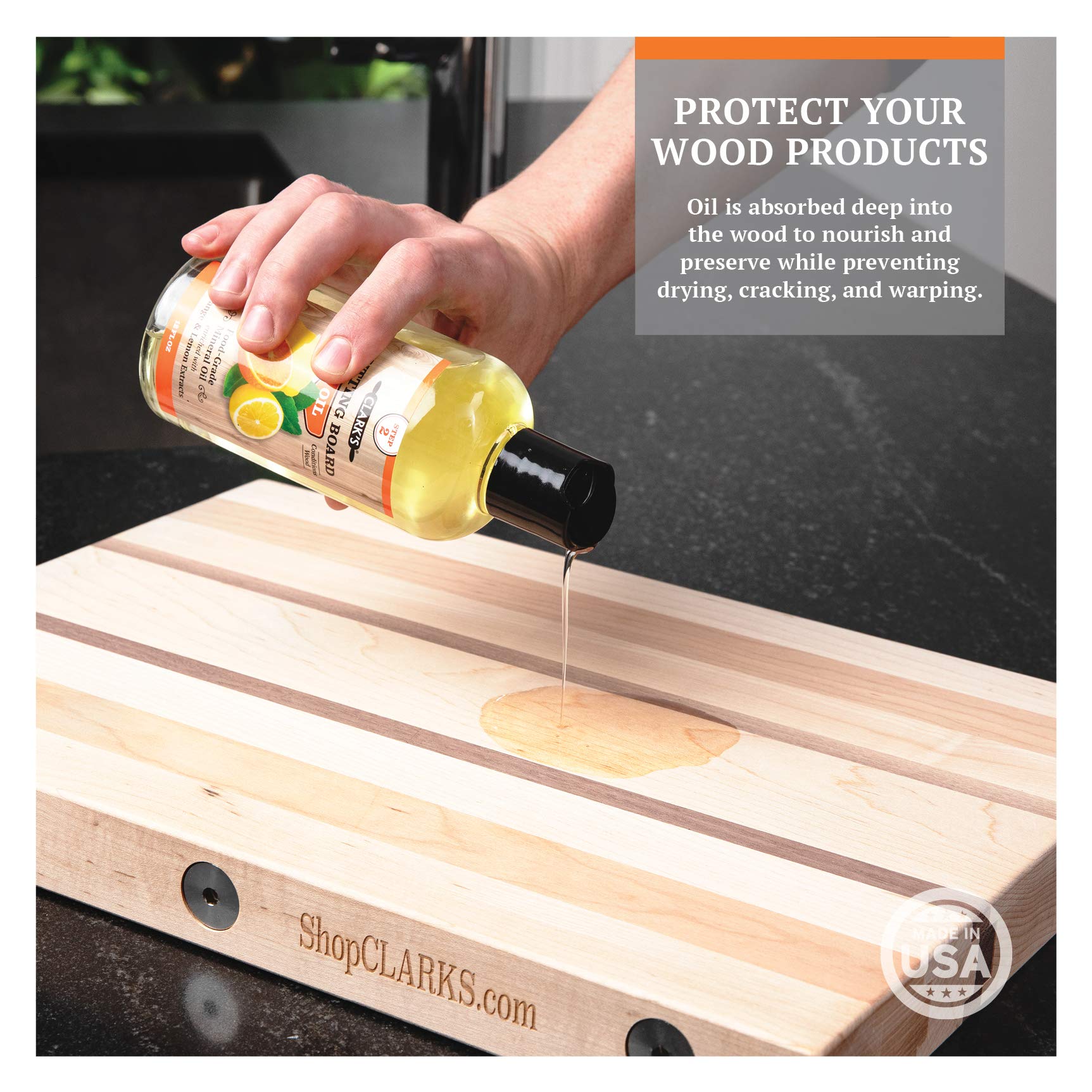 CLARK’S Wood Cutting Board Oil and Wax Kit – 12oz Food Grade Mineral Oil & 6oz Finishing Wax with Applicator & Buffing Pad – Natural Lemon & Orange Extract for Cleaning & Protecting Wooden Cutting Boards, Kitchen Utensils, and Butcher Blocks – Perfect for Home Chefs and Professional Kitchens