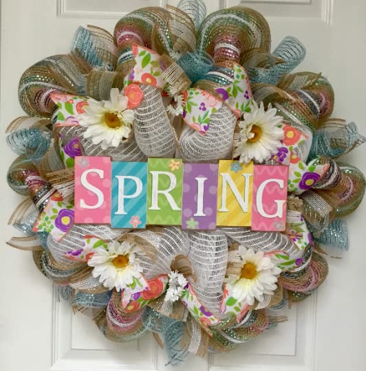 Handmade Pastel Spring Wreath with Daisies - Floral Deco Mesh Door Decor (24