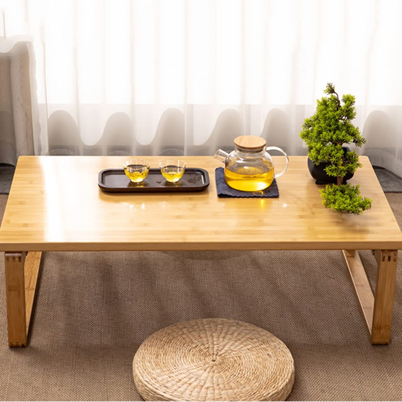 Japanese Tatami Folding Coffee Table - Multi-Functional Small Table for Living Room, Bedroom & Office - 60 x 40 x 26cm, 60kg Capacity - Perfect for Tea Drinking, Reading, Working & Computer Use (Yellow)