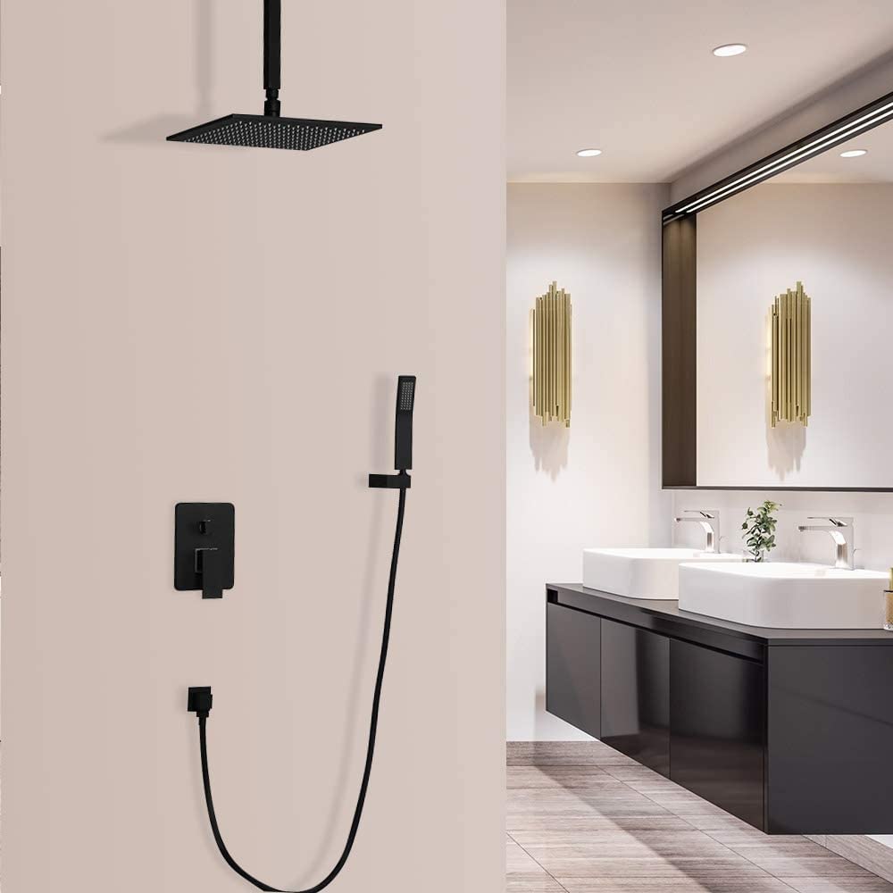 12 Inch Matte Black Ceiling Mount Shower System - High Pressure Rainfall Square Shower Head with Handheld Sprayer - Luxury Bathroom Faucet Set for Modern Homes (Perfect for Spa-Like Experience & Daily Relaxation)
