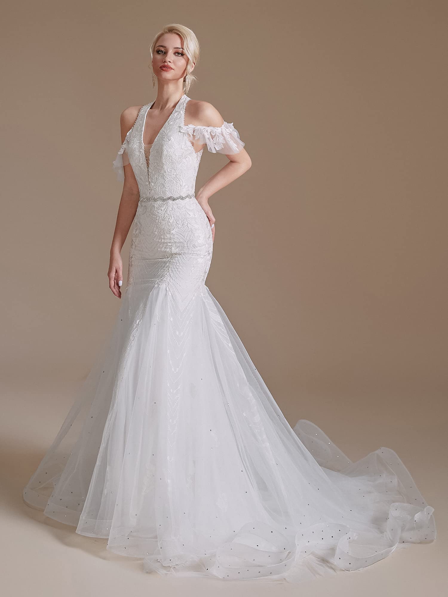 2022 Elegant Lace Appliques Chiffon Wedding Dress for Bride - Long Sleeves Beach Bridal Gown | Perfect for Beach Weddings, Outdoor Ceremonies & Romantic Photos