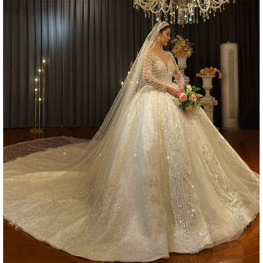 Elegant Dubai Style Wedding Dress with Royal Train | 2022 Designer Bridal Gown for Princess Bride & Luxury Weddings