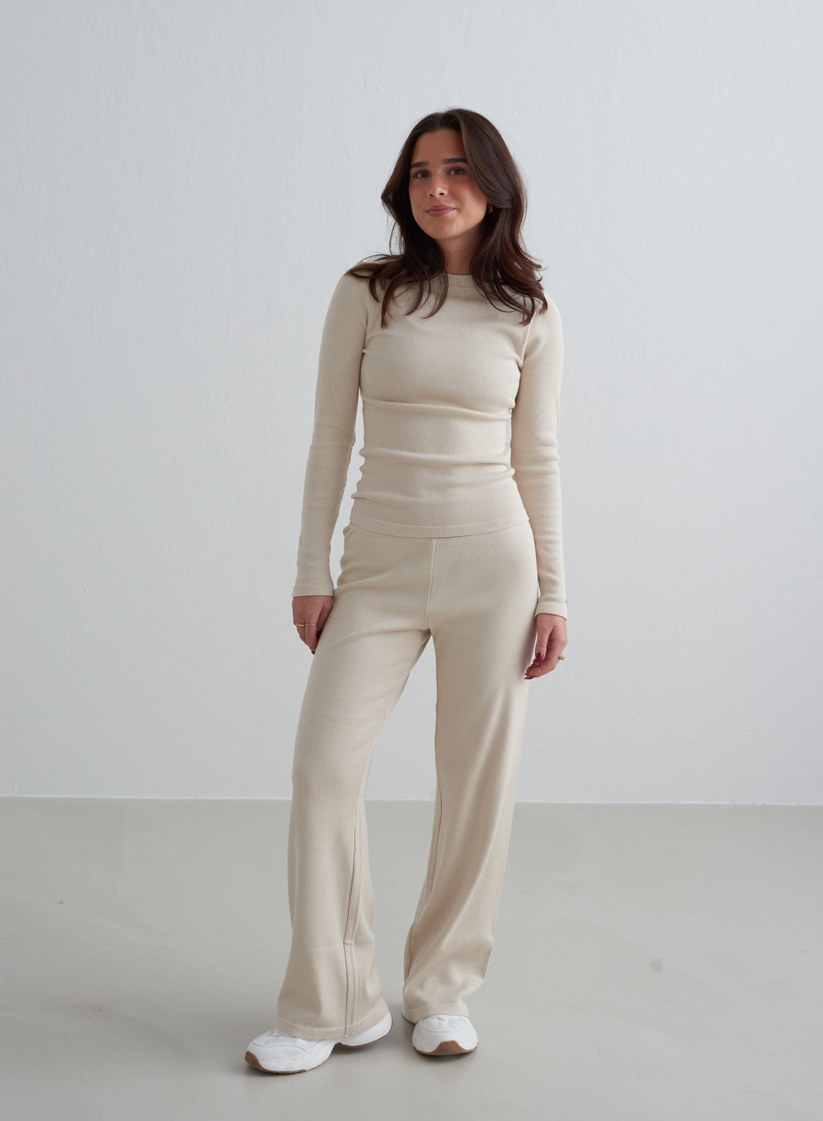 Café Au Lait Ribbed Wool Petite Wide Leg Pants for Women | Comfortable Winter Office Pants & Casual Outfits