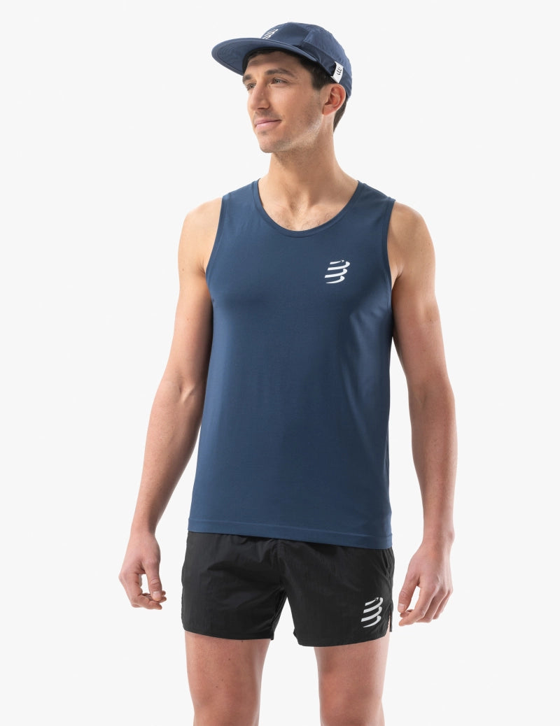 Compressport Men's Running Singlet - Lightweight Breathable Athletic Shirt for Marathon & Workout - Blue Performance Top for Jogging & Gym Training