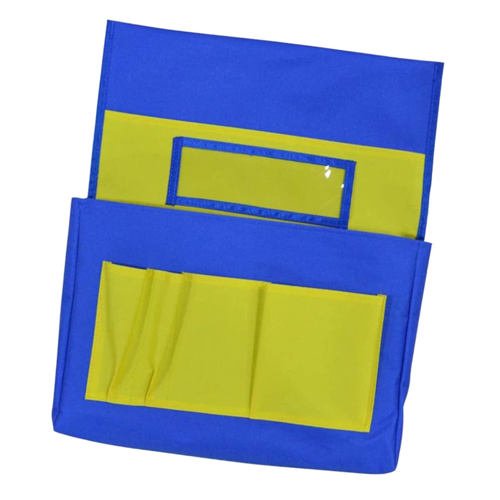 FAKEME School Chair Storage Pouch with 6 Pockets & Name Tag - Blue & Yellow | Organize Books, Supplies & Accessories for Classroom, Study & Home Use