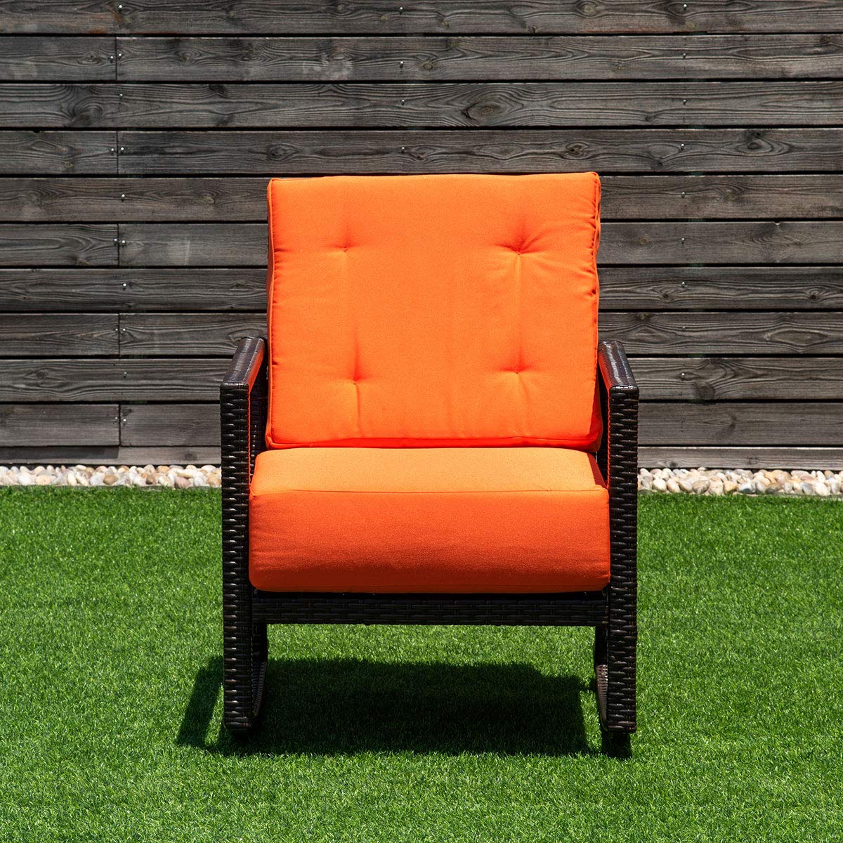 Tangkula Orange Rattan Rocking Chair - Outdoor Patio Rocker with Cushion, Weather-Resistant Wicker Armchair for Garden, Porch & Backyard Relaxation