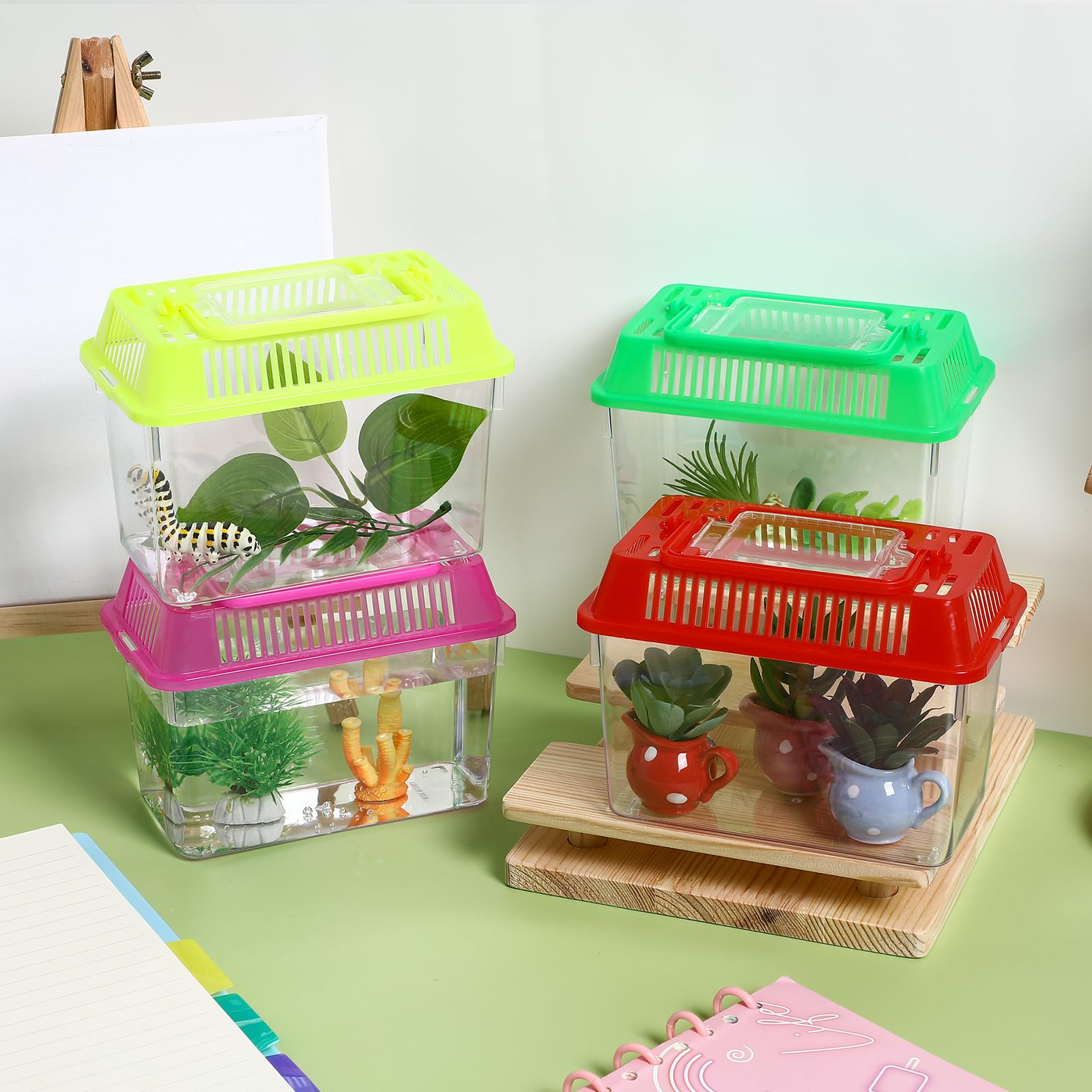 4pcs Mini Portable Fish Tank - Snail Terrarium, Crabs Habitat, Small Turtle Tank - Plastic Transport Box for Goldfish, Turtles, Beach Toys - Perfect for Home, Office, Classroom Aquarium Setup