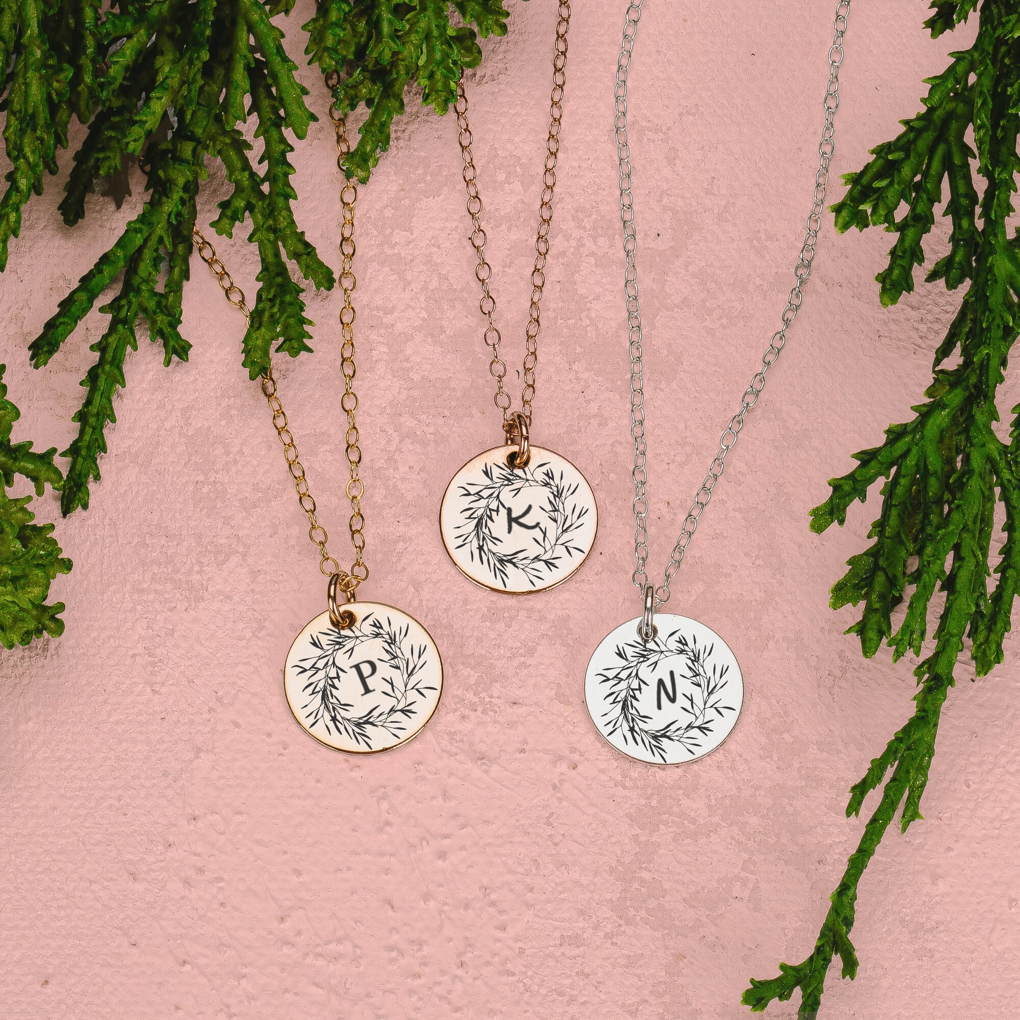 Personalized Engraved Round Disc Necklace - 14K Gold Filled, Silver or Rose Gold Pendant | Custom Initial Necklace for Women with Olive Wreath Design | 18 Inch Chain | Perfect Birthday Gift, Anniversary Present & Everyday Jewelry for Her
