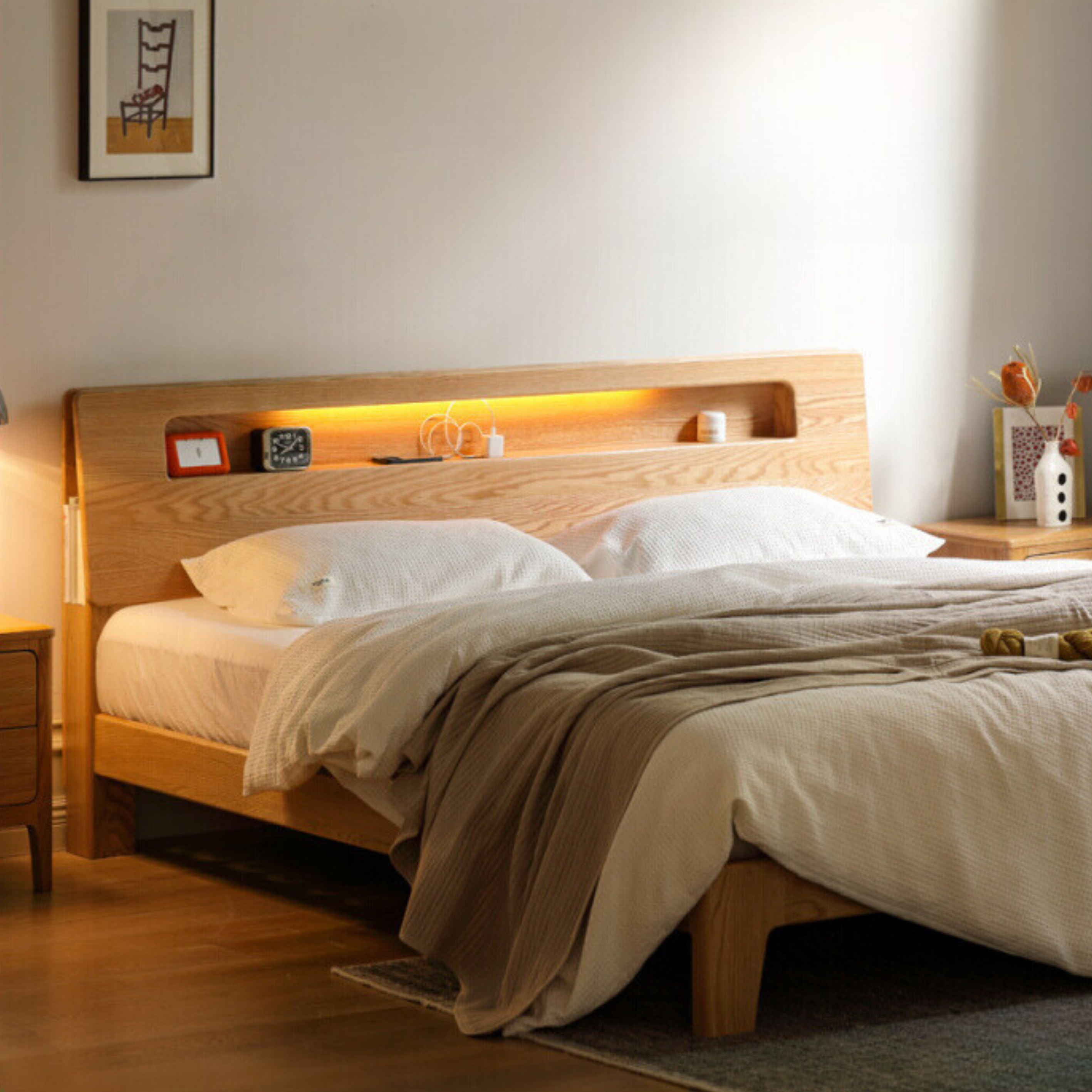 Solid Oak and Beech Wood Bed with Built-in LED Lights and Bookshelf - Modern Bedroom Furniture for Small Spaces, Lofts, and Studio Apartments