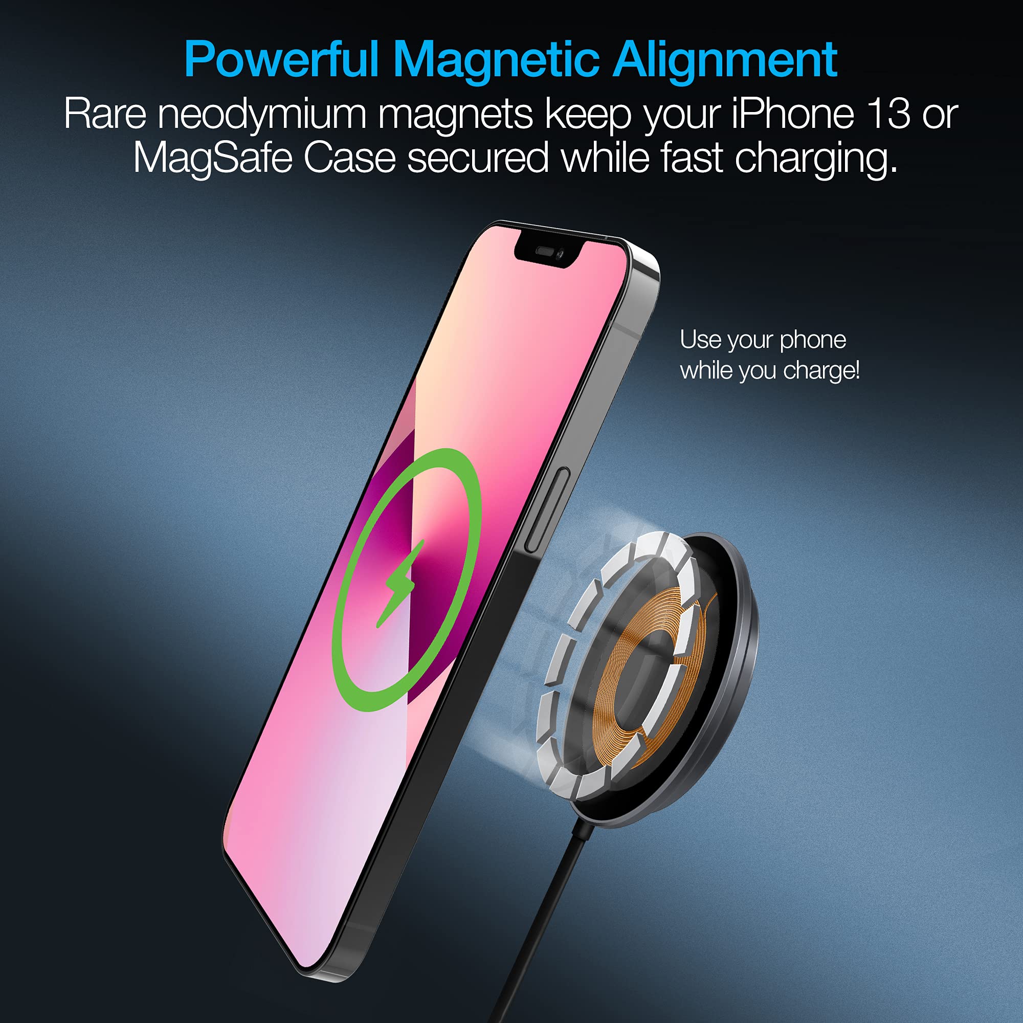 Magnetic 15W Fast Wireless Charger with USB-C - Universal MagSafe Charging Pad for iPhone 16/15/14/13, Samsung Galaxy S23/S22 & More - Portable Snap-on Design for Home, Office & Car Use [Black]