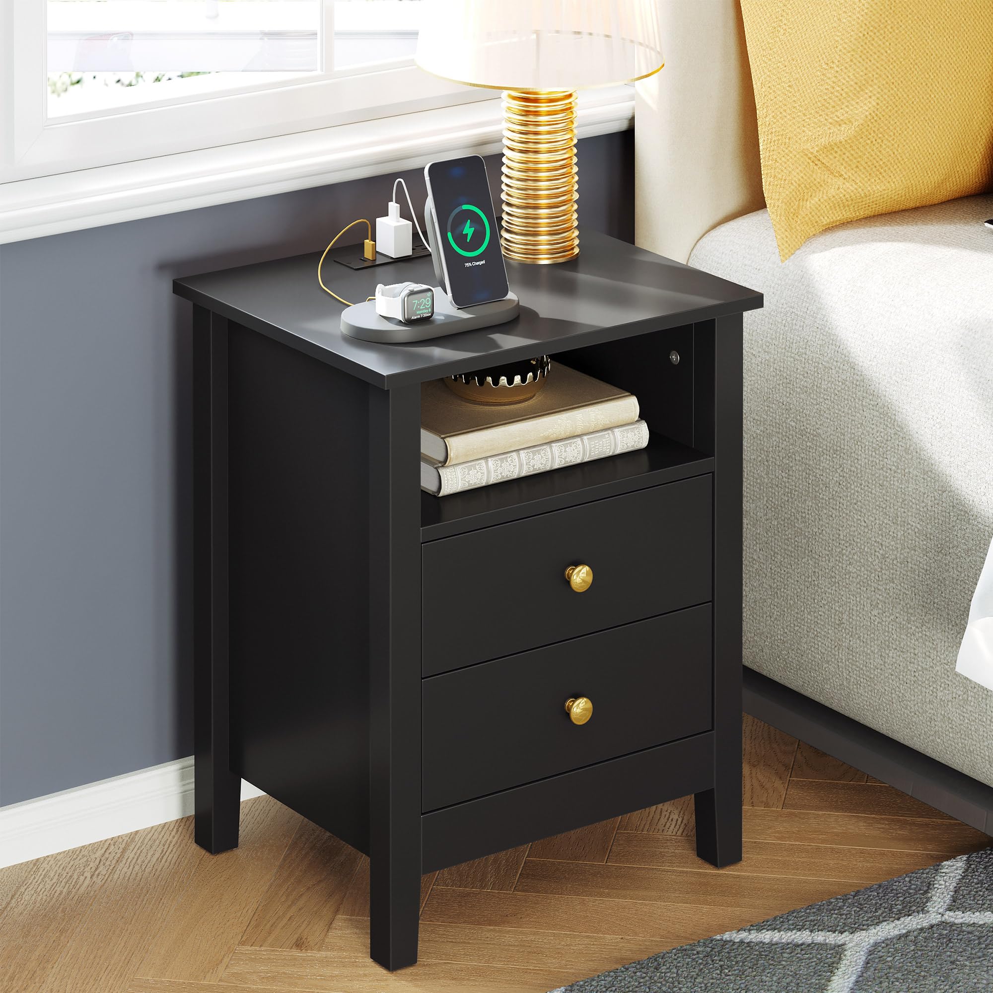 YITAHOME Modern Nightstand with Charging Station - 2 Drawer Bedside Table with USB Ports & Outlets - Set of 2 Black End Tables for Bedroom - Perfect for Small Spaces & Apartment Living