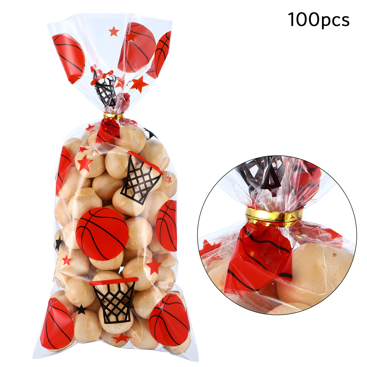 Blulu 100 Pack Basketball Party Favor Bags with Gold Twist Ties - Sports Themed Candy Goodie Bags for Birthday, Game Day & Team Celebration Treats