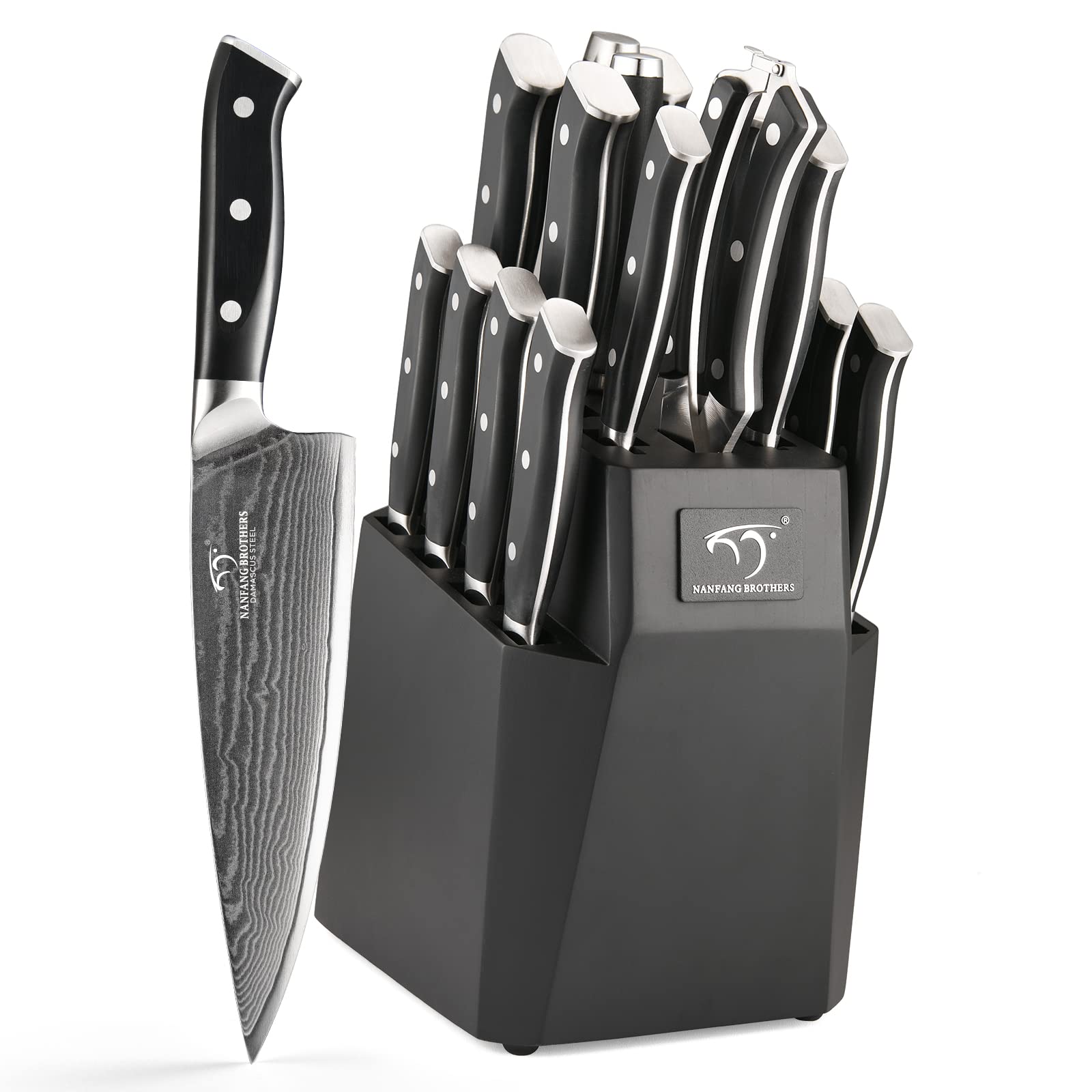 Premium 18-Piece Damascus Steel Knife Set with Block - Chef Knives, Carving Fork, Sharpener & Kitchen Shears - Ergonomic ABS Handles for Professional Cooking & Home Kitchen Use