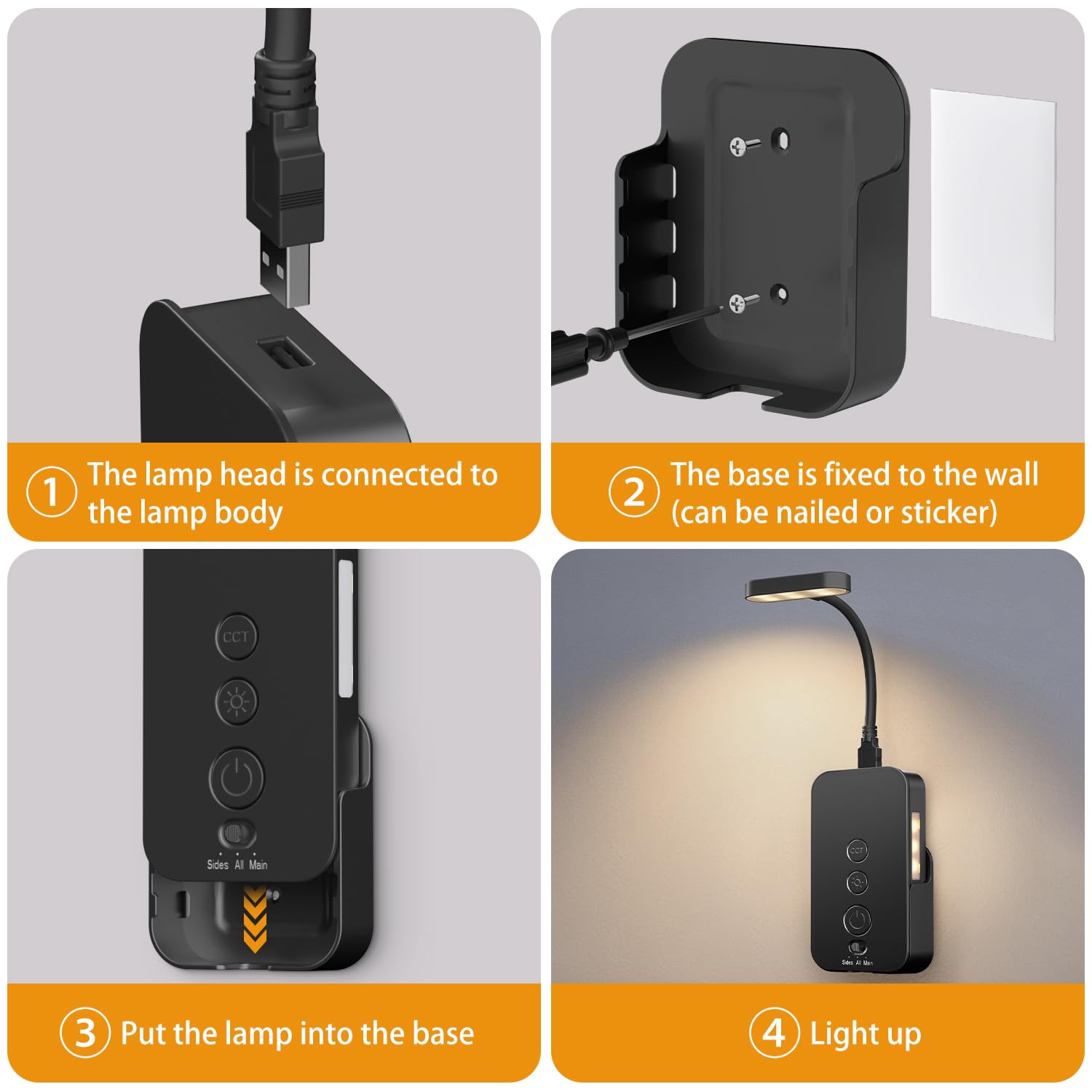 Ellasay Rechargeable LED Reading Light - 3 Color Stepless Dimmable Book Light with Timer, Portable Bedside Lamp for Night Reading, Detachable Wall Light for Bedroom, Study & Travel - Black
