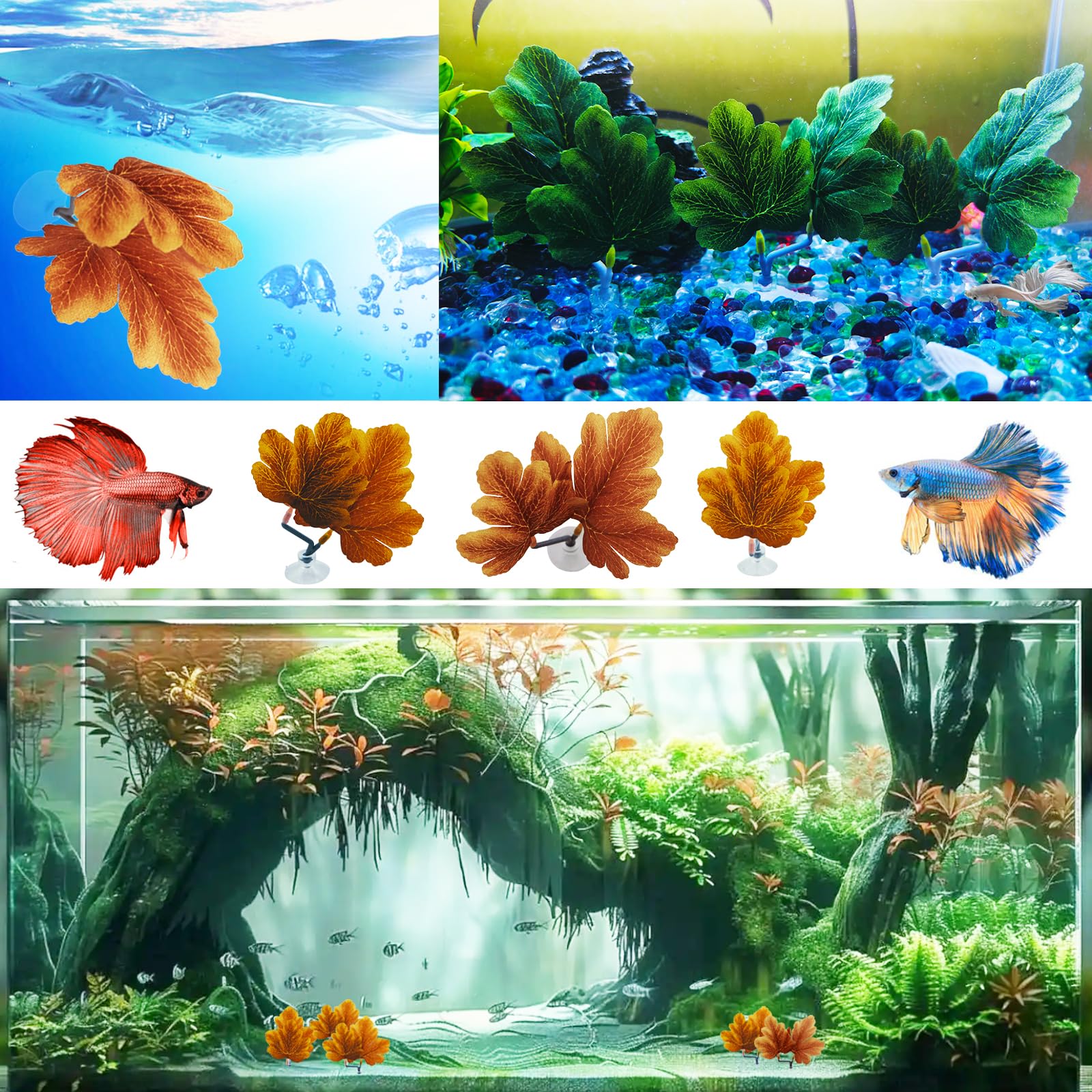 Natural Betta Leaf Hammocks with Suction Cup - 3pcs Aquarium Decor for Fish Tank, Plastic Plants for Spawning Breeding & Resting Bed - Multi-Leaf Design (Green) | Perfect for Betta Fish Habitat & Aquascaping Decorations