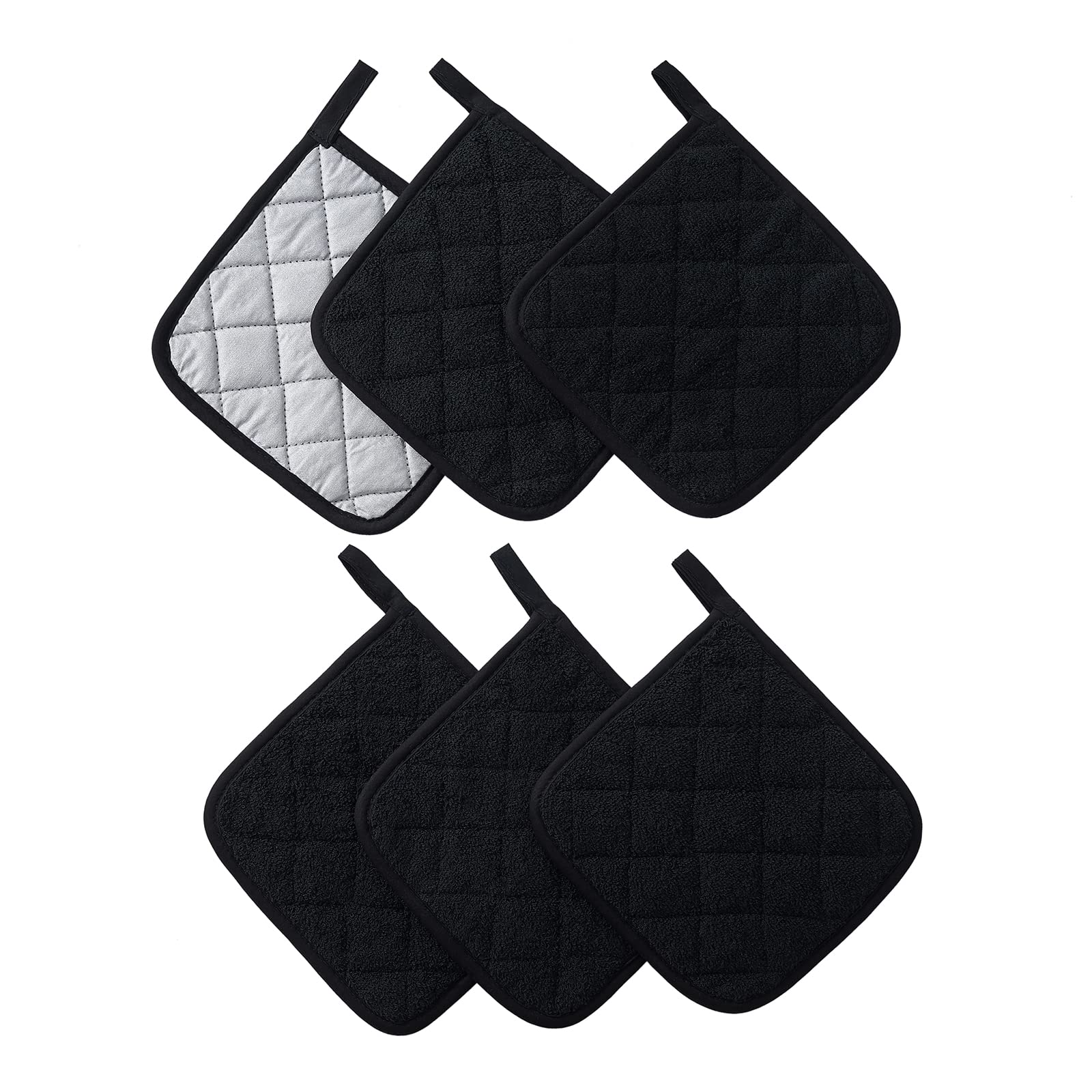 Heat Resistant Cotton Kitchen Pot Holders Set - 7 x 7 Inch (6 Pack) Black - Oven Mitts, Hot Pads & Trivets for Cooking, Baking & Serving - Perfect for Everyday Use, Holiday Meals & Hosting Gifts