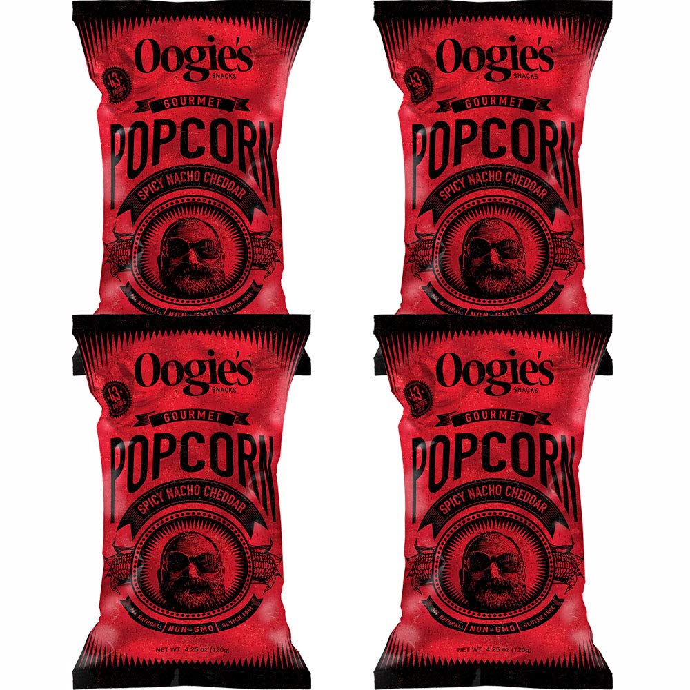 Oogie's Gourmet Popcorn - 4 Pack Spicy Nacho Cheddar Flavor | Gluten Free, Non-GMO Popcorn Snacks | 4.25oz Big Bags | Perfect for Movie Nights, Parties & Office Snacking