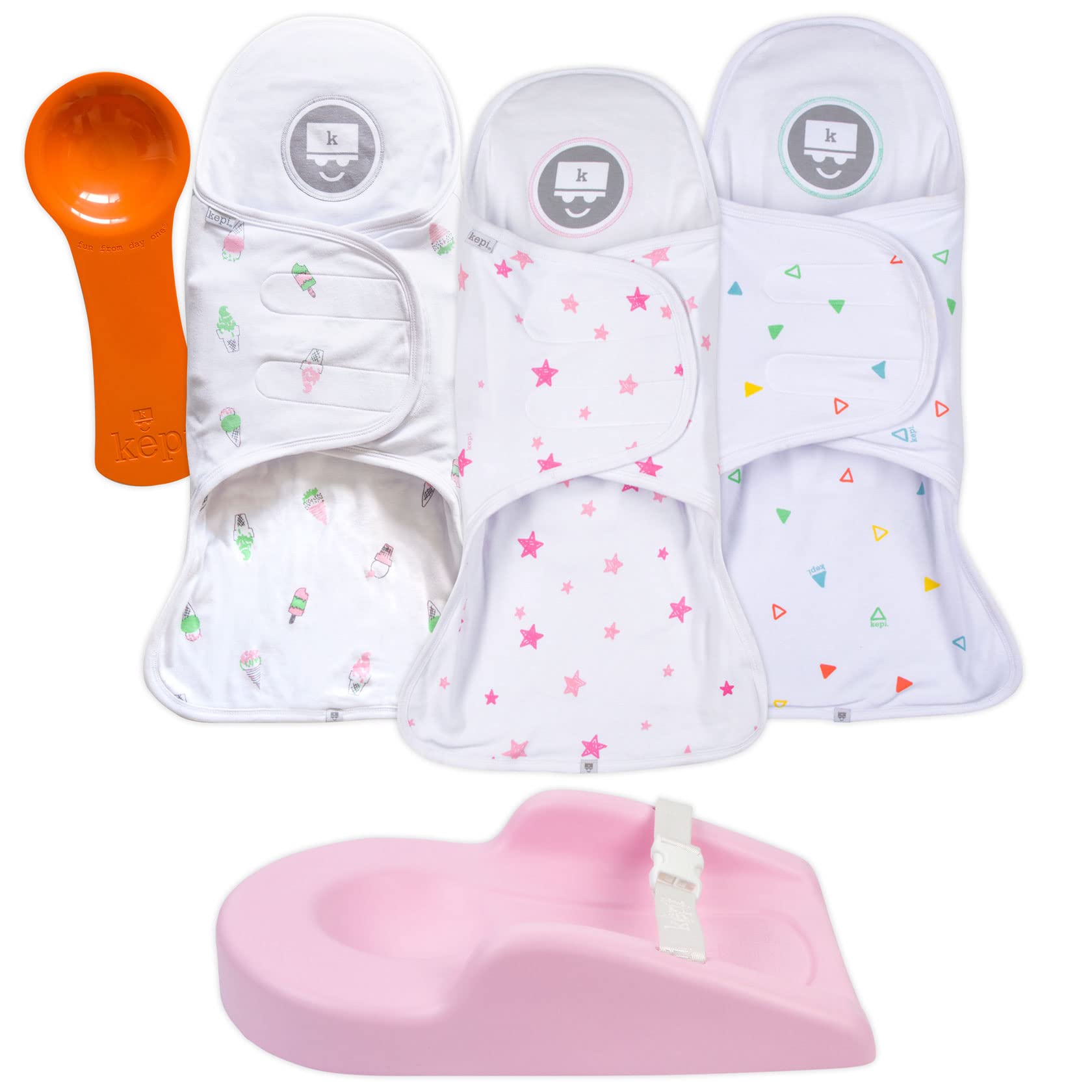 Kepi Patented Baby Support System for Newborns 0-12 Months - 3-Pack Swaddle Blanket with Ergonomic Support Spoon & Floor Seat Dock - Safe Head, Neck & Spine Support, Hip-Healthy Design (Pink) - Perfect for Nursery, Travel & Tummy Time