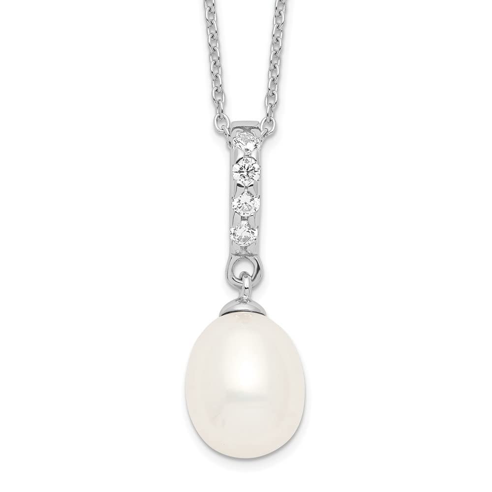 Sterling Silver 9mm White Pearl Cubic Zirconia Pendant Chain Necklace - 17 Inch Elegant Slide Necklace for Women, Perfect for Weddings, Parties & Everyday Wear