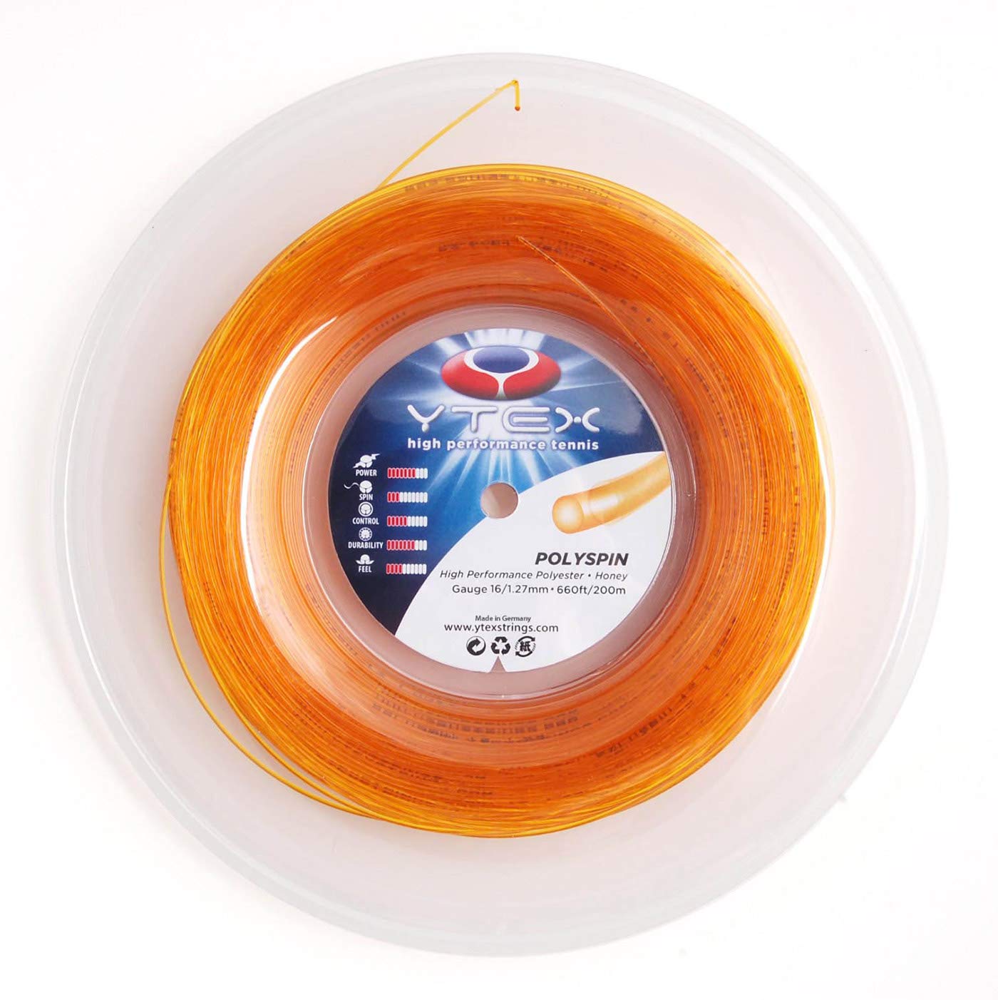YTEX Polyspin Honey Tennis String Reel - 16 Gauge (1.27mm) Polyester String for Tennis Rackets - Perfect for Power Players & All-Court Performance