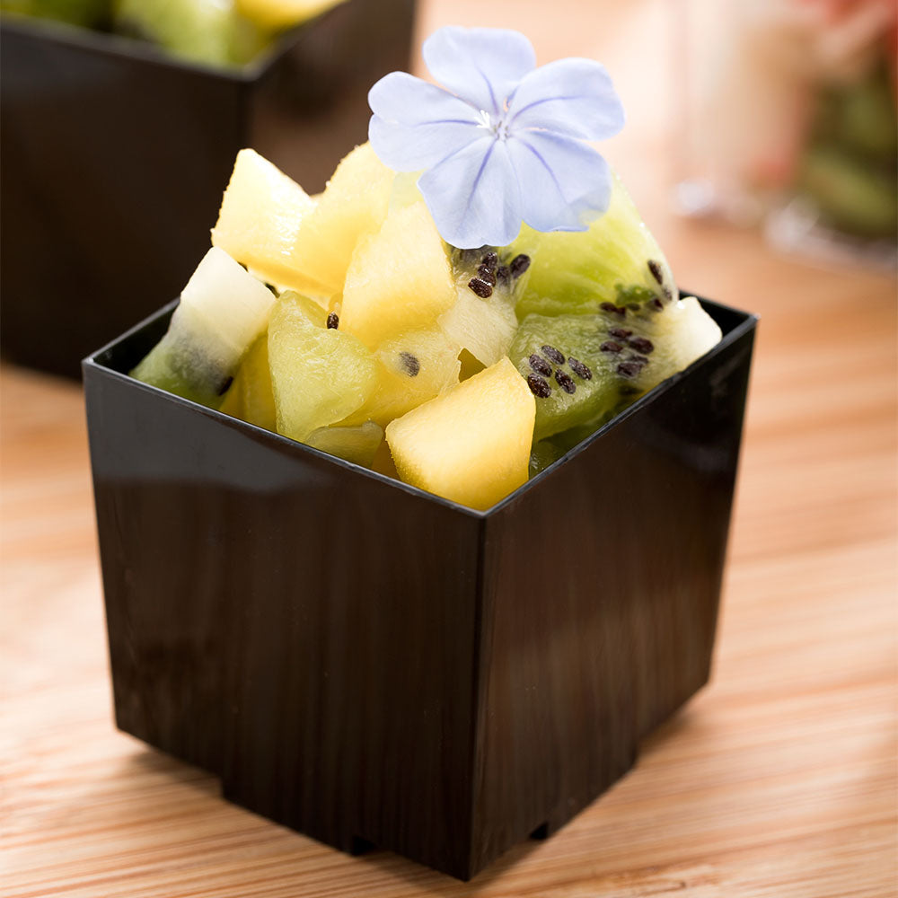 100 Pack 3 oz Square Black Plastic Quadrato Cups with 100 Silver Mini Plastic Spoons - Perfect for Parties, Desserts, Coffee & Tea Serving