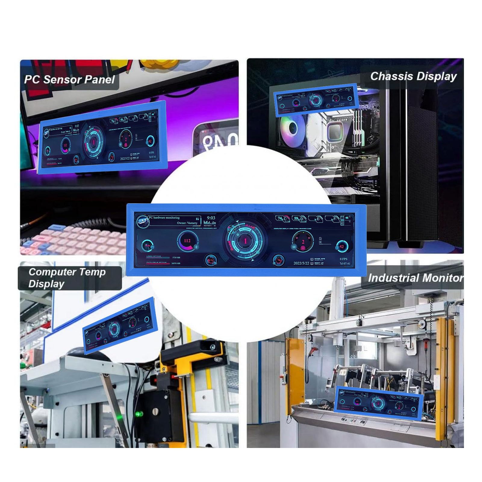 Sxhlseller 8.8 Inch PC Temperature Monitor - HD IPS 1920x480 LCD Secondary Display for CPU/GPU Stats with Real-Time Data (Blue) - Perfect for Gaming Rigs, Workstations & PC Builds