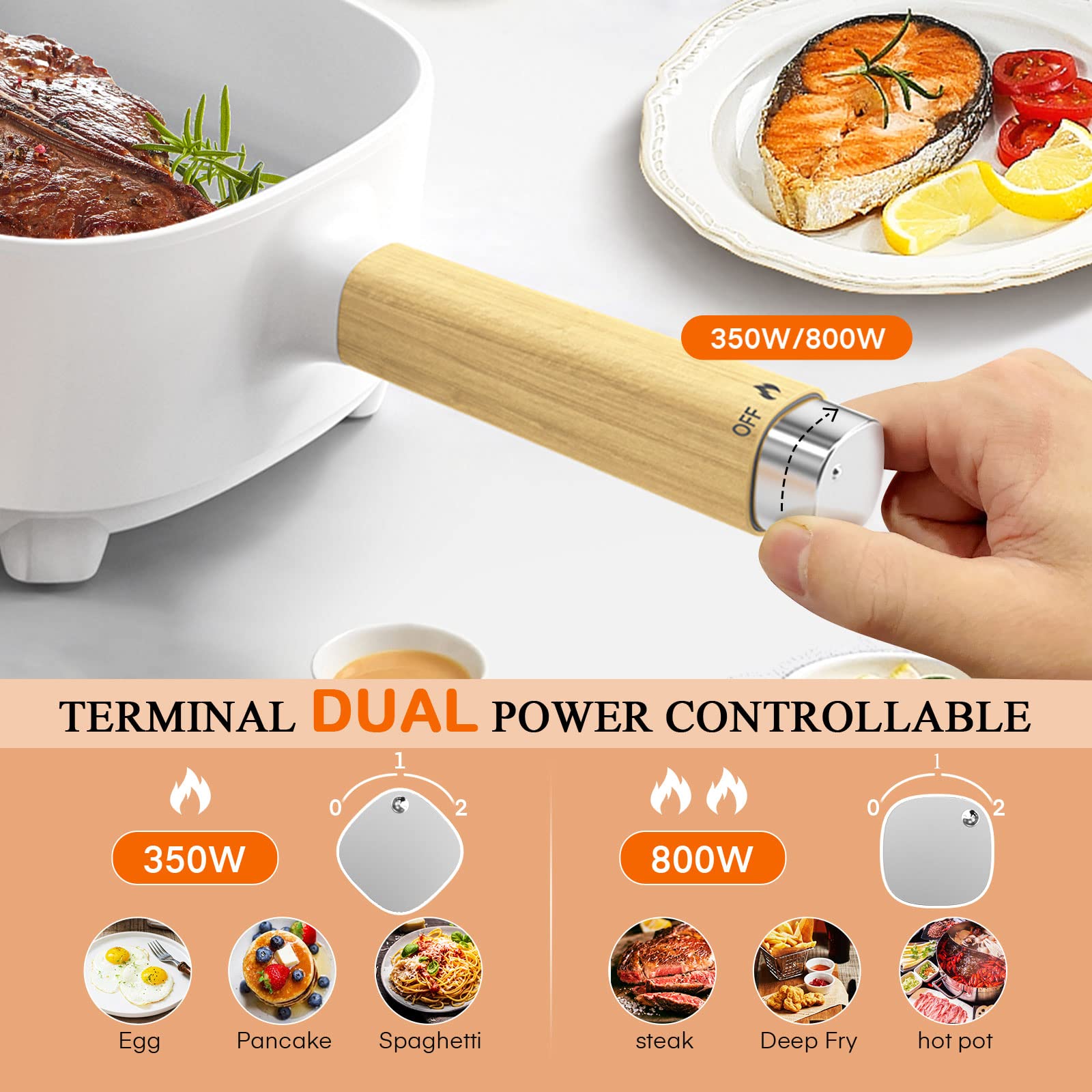 Audecook 2L Electric Hot Pot with Ceramic Non-Stick Coating | 8-Inch Portable Travel Cooker for Ramen, Steak, Fried Rice & Soup | Dual Power Control | Includes Silicone Spatula | Perfect for Dorm, Office, Camping & Small Kitchen Cooking