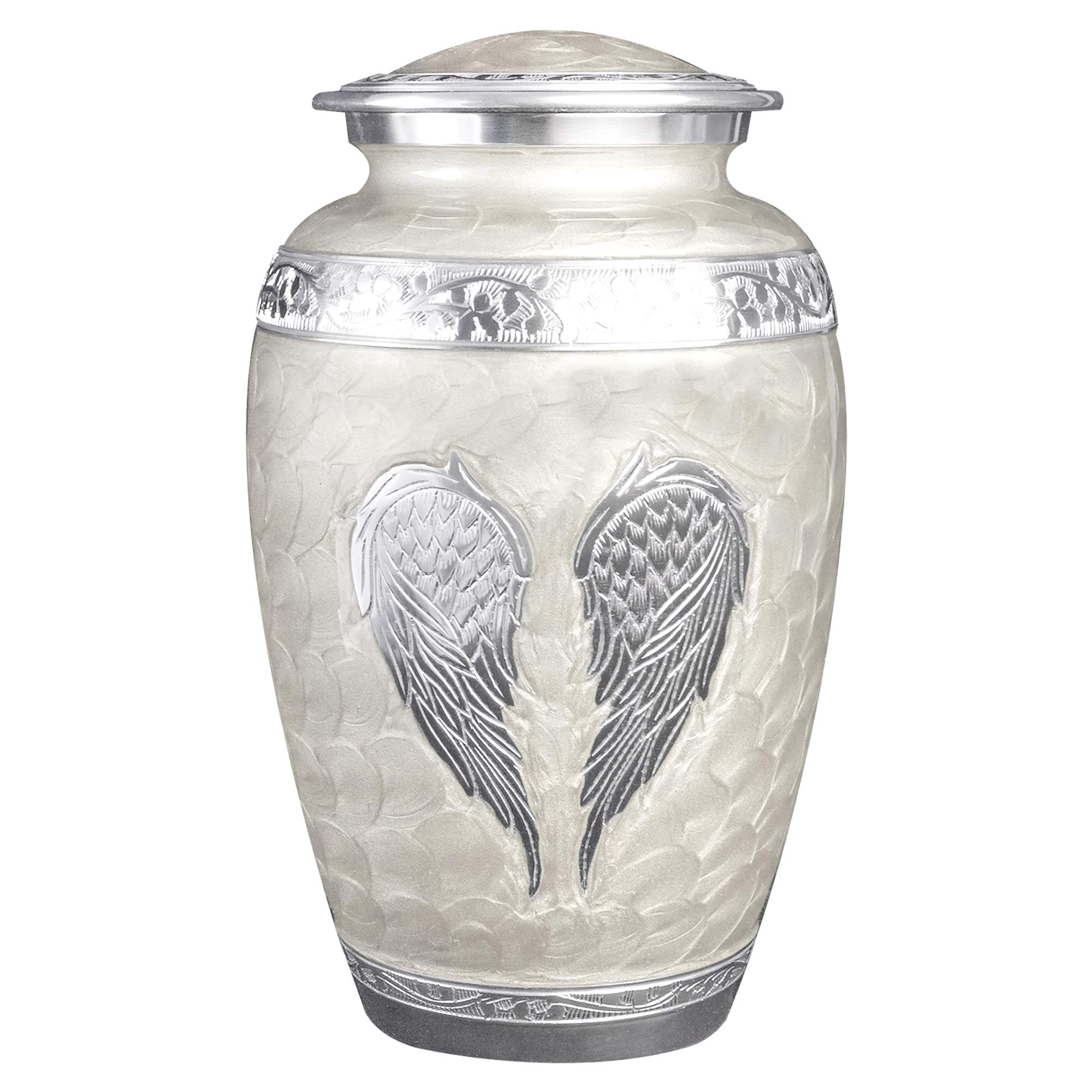 White Angel Wings Funeral Cremation Urn with Matching Keepsake Velvet Bags - Personalized Memorial Urn for Ashes (Pearl White, Large) - Perfect for Funeral Services, Memorial Displays & Home Keepsakes