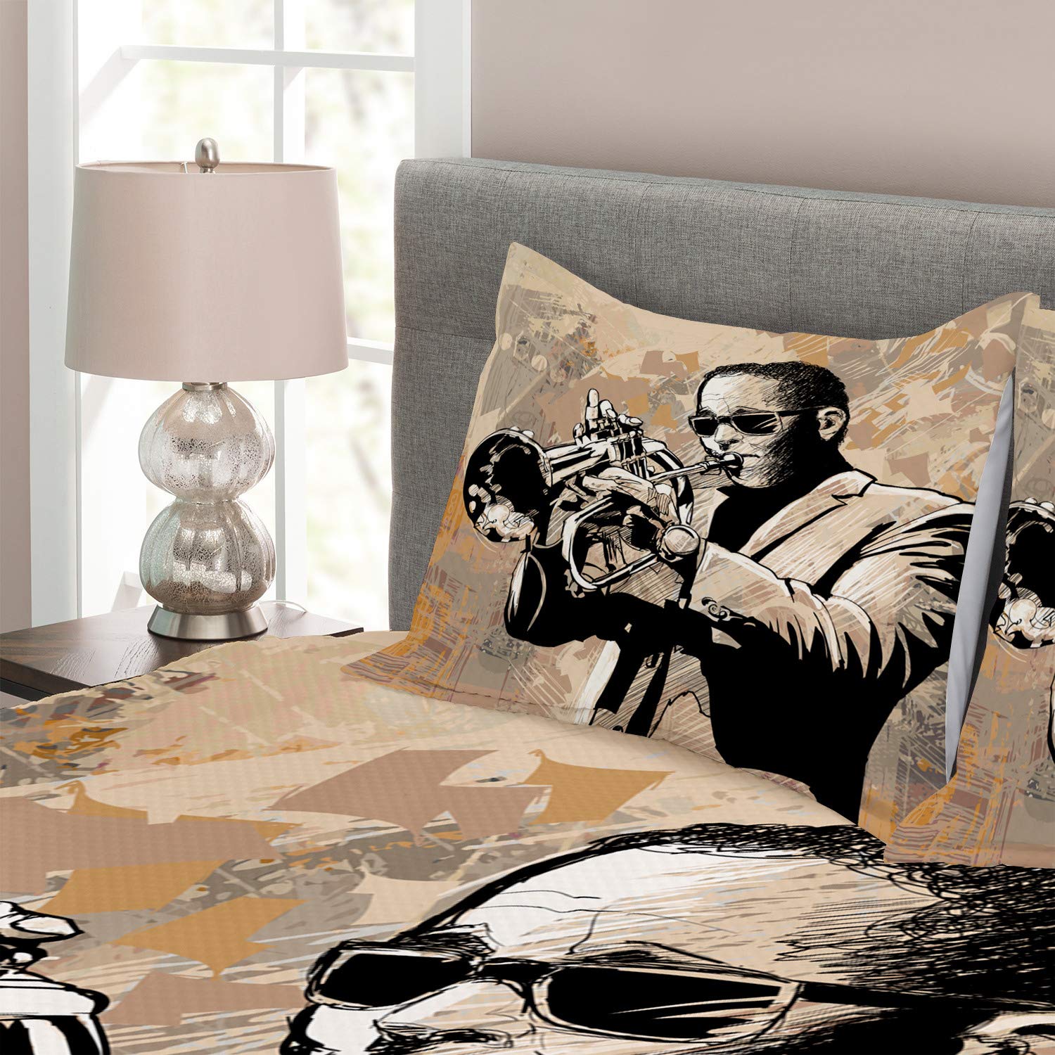 Ambesonne Jazz Music Bedspread Set - Grunge Style Musician Playing Trumpet with Sunglasses - 3 Piece King Size Bedding Set with Coverlet & 2 Pillow Shams in Beige & Black | Perfect for Jazz Lovers' Bedroom Decor & Music Themed Home Styling
