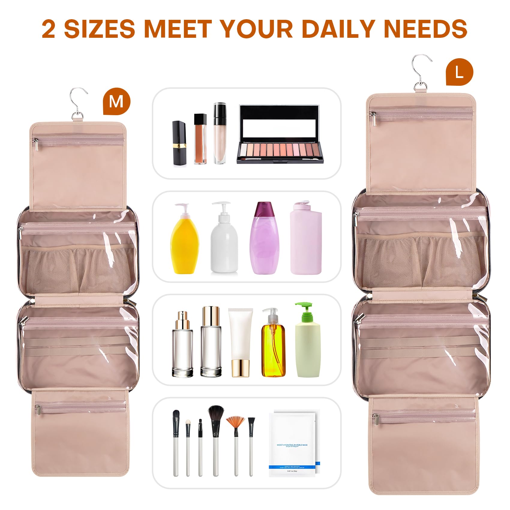 Hanging Travel Toiletry Bag for Women - Waterproof Cosmetic Organizer with Hook for Toiletries, Makeup Brushes & Full-size Products (Medium Pink) - Perfect for Vacation, Gym, Business Trips & Daily Use