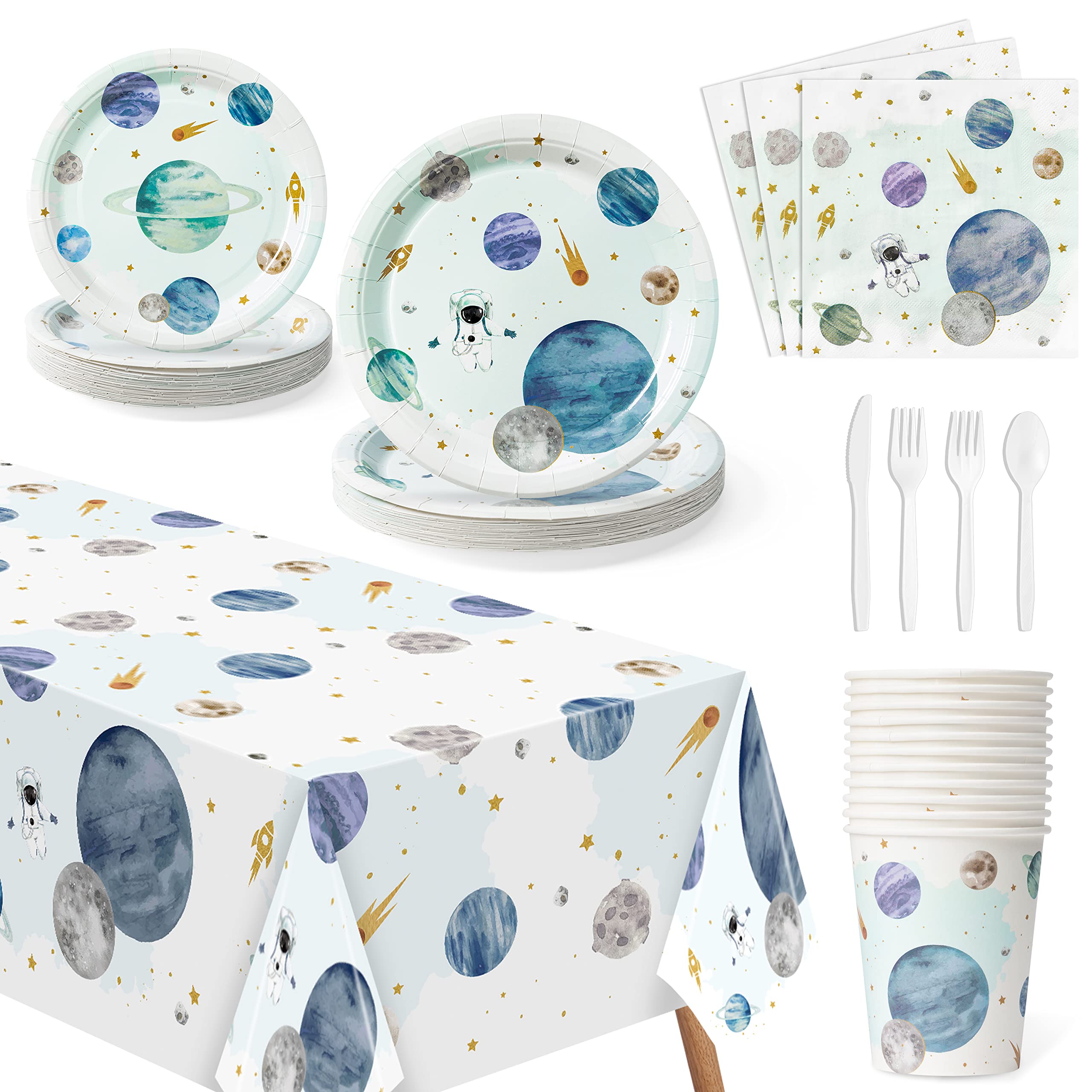 WATINC 170pcs Outer Space Birthday Party Supplies - Solar System Themed Tableware Set with Plates, Napkins, Forks, Cups, Spoons, Knives & Tablecloths for First Trip Around the Sun Celebration | Perfect for Kids Space Themed Birthday Parties, Baby Showers & Cosmic Decorations