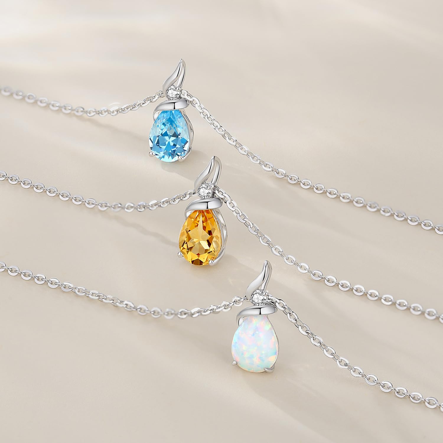 14K Solid White Gold Birthstone Pendant Necklace for Women - Pear Shaped Diamond Teardrop Necklace | Personalized Birthday Gift for Mom, Wife, Daughter | Sterling Silver Chain 16