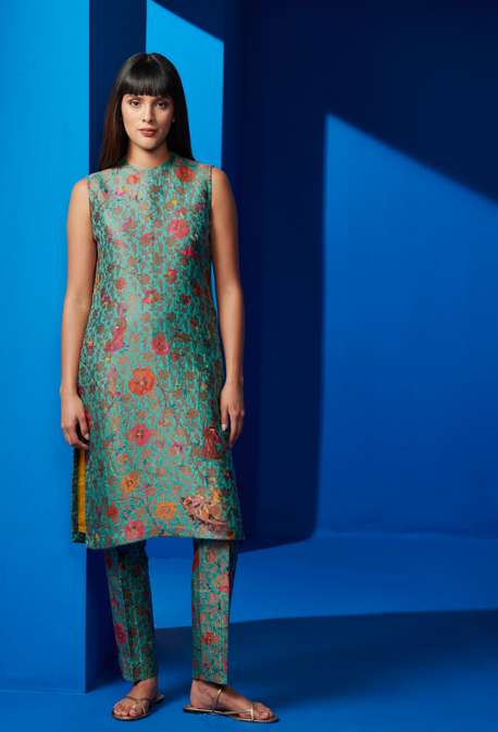Mayuri Kurta - Elegant Silk Brocade Aqua Blue Indian Tunic Top for Women | Perfect for Festivals, Weddings & Special Occasions