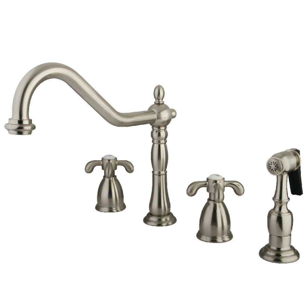 Kingston Brass KB1795TXBS French Country Widespread Kitchen Faucet with Brass Sprayer - Vintage Style Pull-Down Faucet for Farmhouse & Modern Kitchens - Perfect for Cooking, Washing Dishes & Food Prep