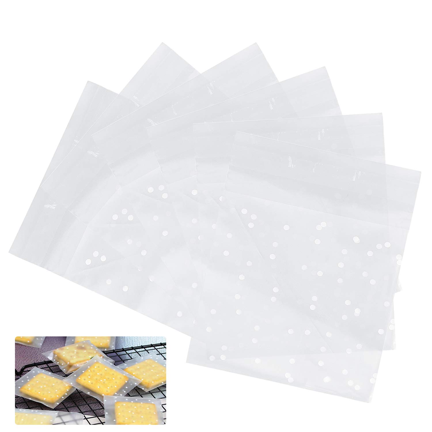 200 Pcs Self Adhesive Clear Cellophane Cookie Bags with White Polka Dots - 4x6 Inch Bakery Treat Bags for Candy, Chocolate, Biscuits & Gift Wrapping - Perfect for Parties, Weddings & Holiday Treats