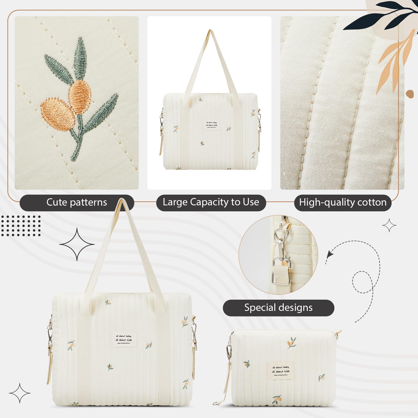 Paterr 2-Pack Quilted Cotton Diaper Bags for Women - Multifunctional Maternity Tote with Multiple Sizes - Stylish Baby Essentials Organizer for Travel, Shopping & Daily Use