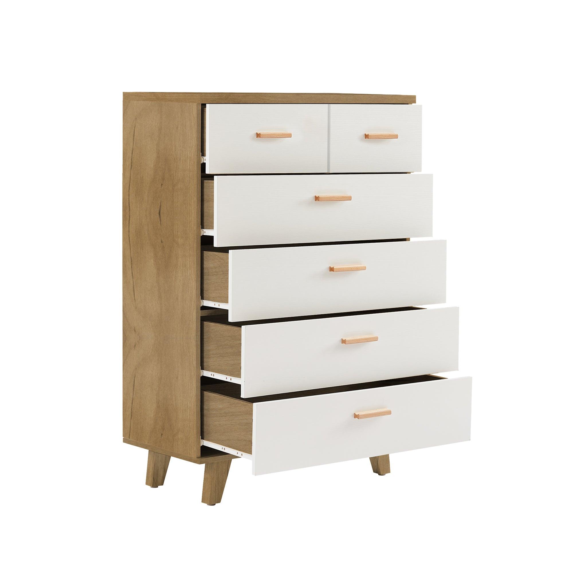 Solid Wood Drawer Dresser Cabinet - Buffet Sideboard Storage with Wooden Handles for Dining Room, Living Room, Kitchen & Hallway - Brown & White Console Table | Perfect for Home Organization & Extra Storage Space