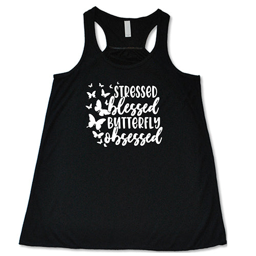 Stressed, Blessed, Butterfly Obsessed T-Shirt - Cute Butterfly Graphic Tee for Women - Perfect for Casual Wear, Gifts & Butterfly Lovers
