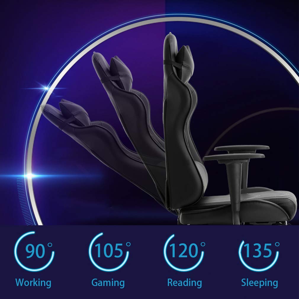Ergonomic Gaming Chair with Lumbar Support & Headrest - PU Leather Racing Office Desk Chair for Adults - Adjustable Swivel Computer Task Chair with Footrest & Massage Function - Perfect for Home Office, Gaming Setup & Workstation (Black)