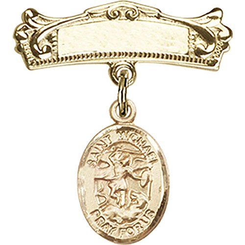 St. Michael the Archangel Gold Filled Baby Badge - 7/8 X 3/4 Inch Arched Polished Pin for Christening, Baptism & First Communion Gifts