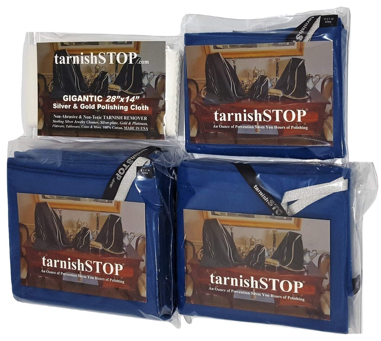 Anti-Tarnish Silver Storage & Polishing Kit - 3 USA-Made Prevention Cloth Bags (Small/Medium/Large) + 1 Gigantic Polishing Cloth for Sterling Silver & Silverplate - Jewelry Cleaning & Protection for Necklaces, Rings & Tableware