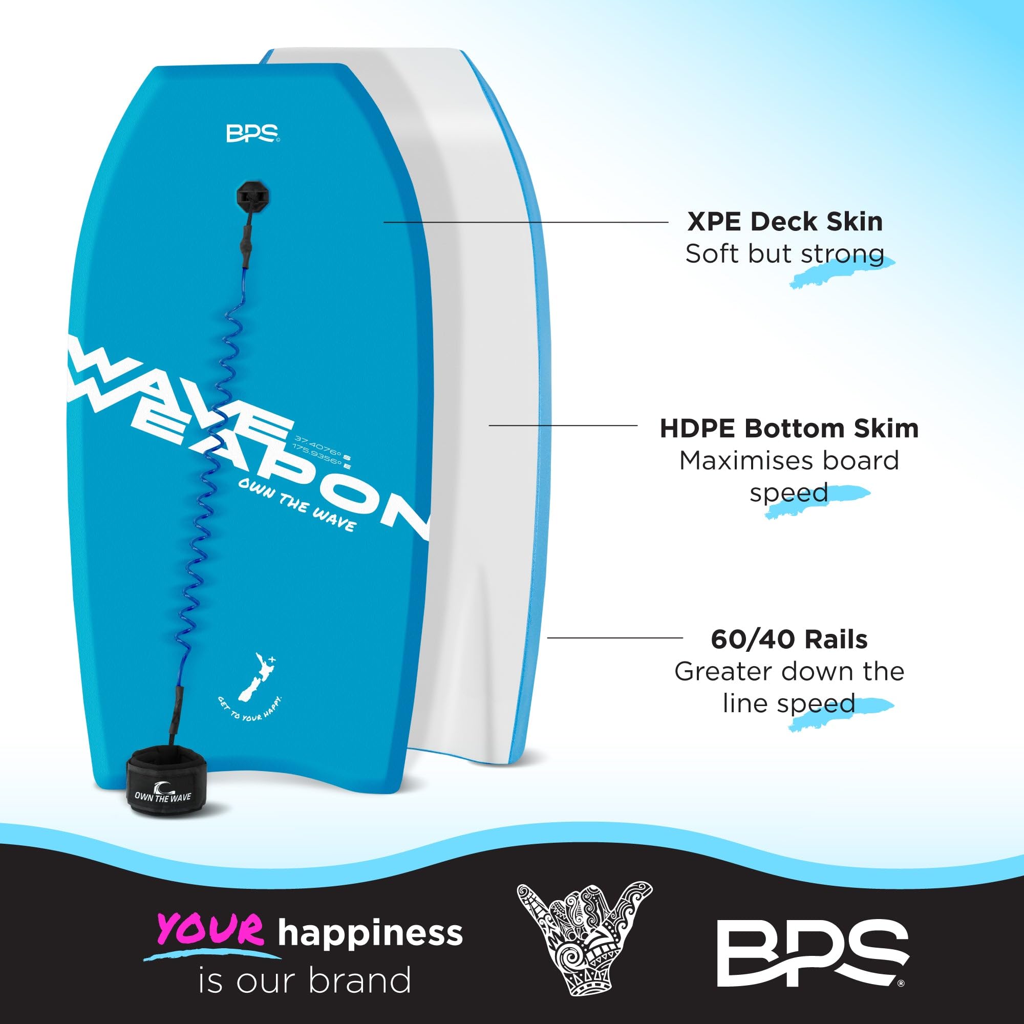 Wave Weapon Body Board - Lightweight EPS Core & HDPE Slick Bottom for All Wave Conditions - Beach Bodyboard with Wrist Leash for Kids & Adults - Perfect for Surfing, Bodyboarding and Beach Vacations