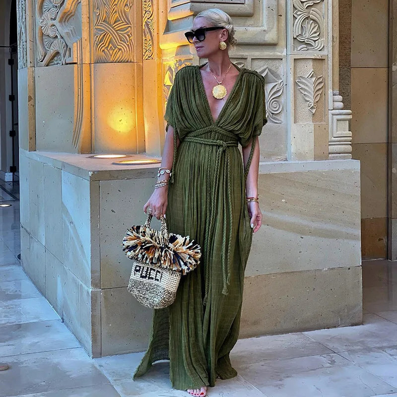 Bohemian Green Holiday Dress for Women - Elegant Solid Casual Long Maxi Dress with Sexy Backless & Side Slit | Perfect for Beach, Summer Vacations & Boho Chic Outfits