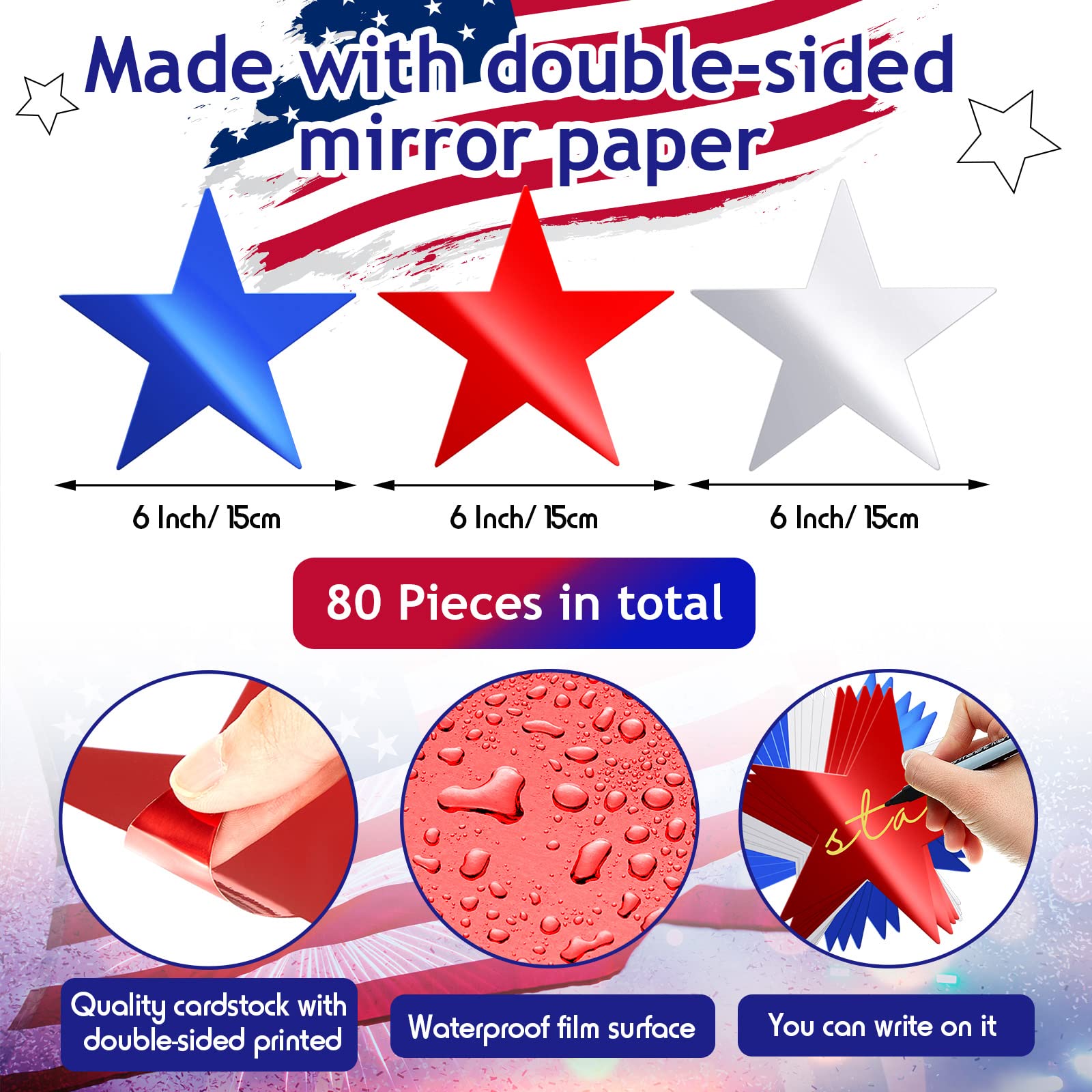 80-Piece Glitter Star Cutouts - Double-Sided Printed Cardboard Stars for Bulletin Boards, Classroom Walls, Party Decor (6 Inches, Red, Blue, Silver) | Perfect for Holiday Decorations, Birthday Parties, and DIY Craft Projects