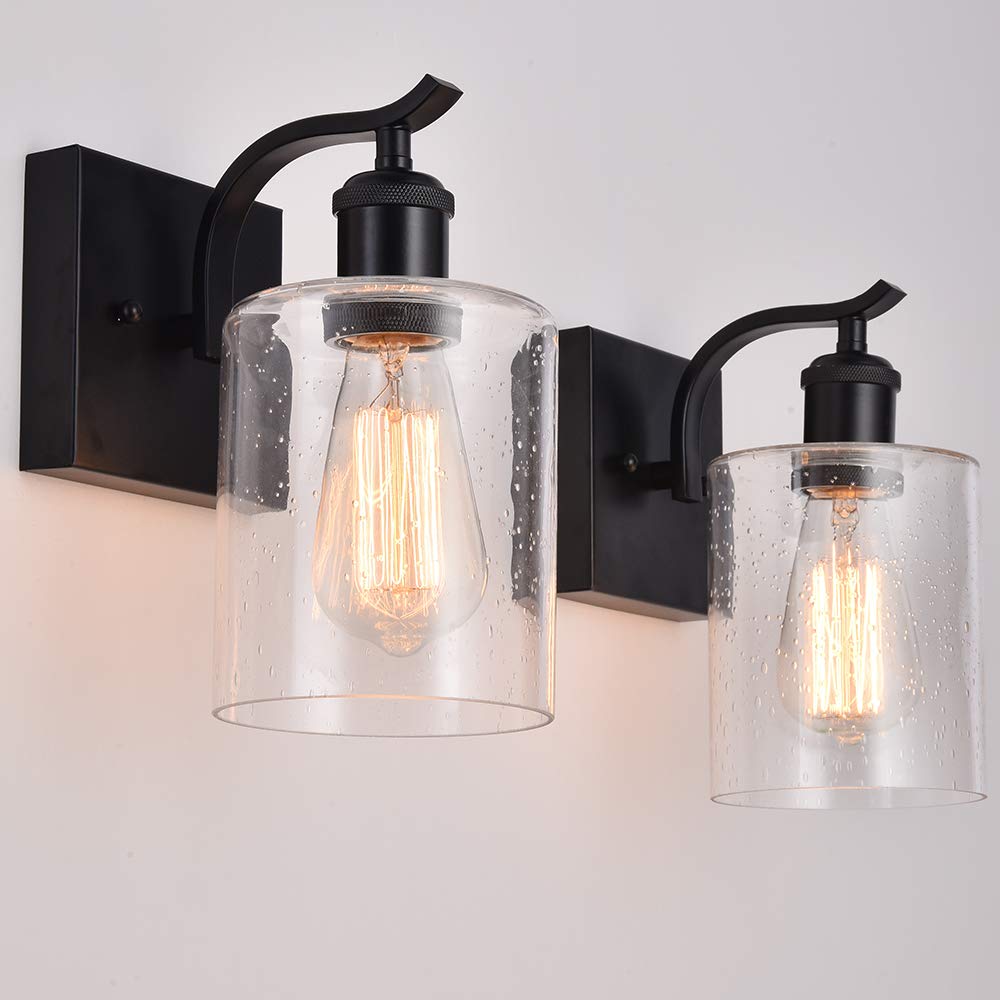 Black Wall Sconces Set of 2 - Farmhouse Vanity Light Fixtures with Bubbled Glass Shade for Bathroom, Bedroom, Living Room, Hallway & Kitchen - Perfect for Home Decor and Ambient Lighting