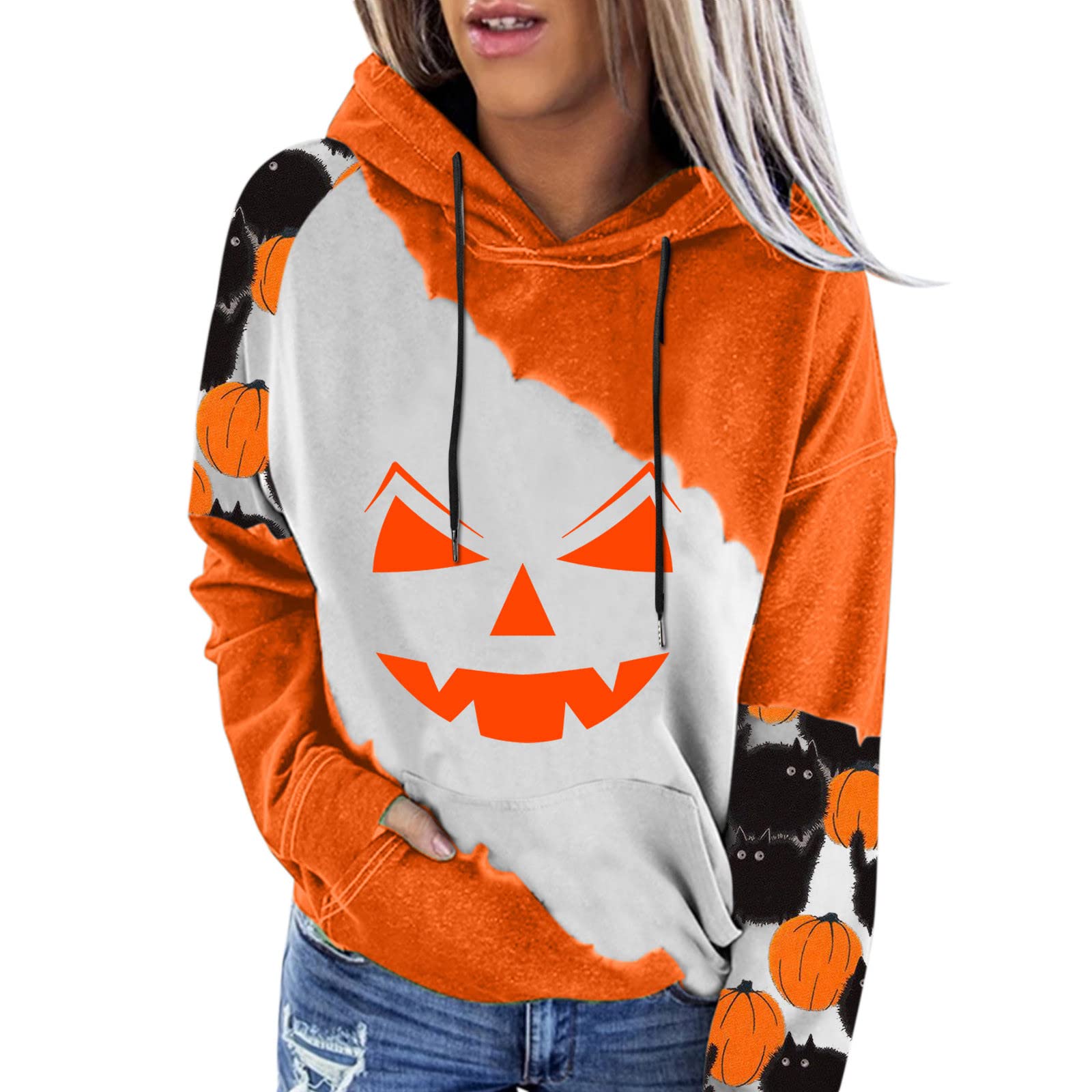 BEUU Women's Pumpkin Print Hoodie - Long Sleeve Casual Sweatshirt for Halloween & Fall