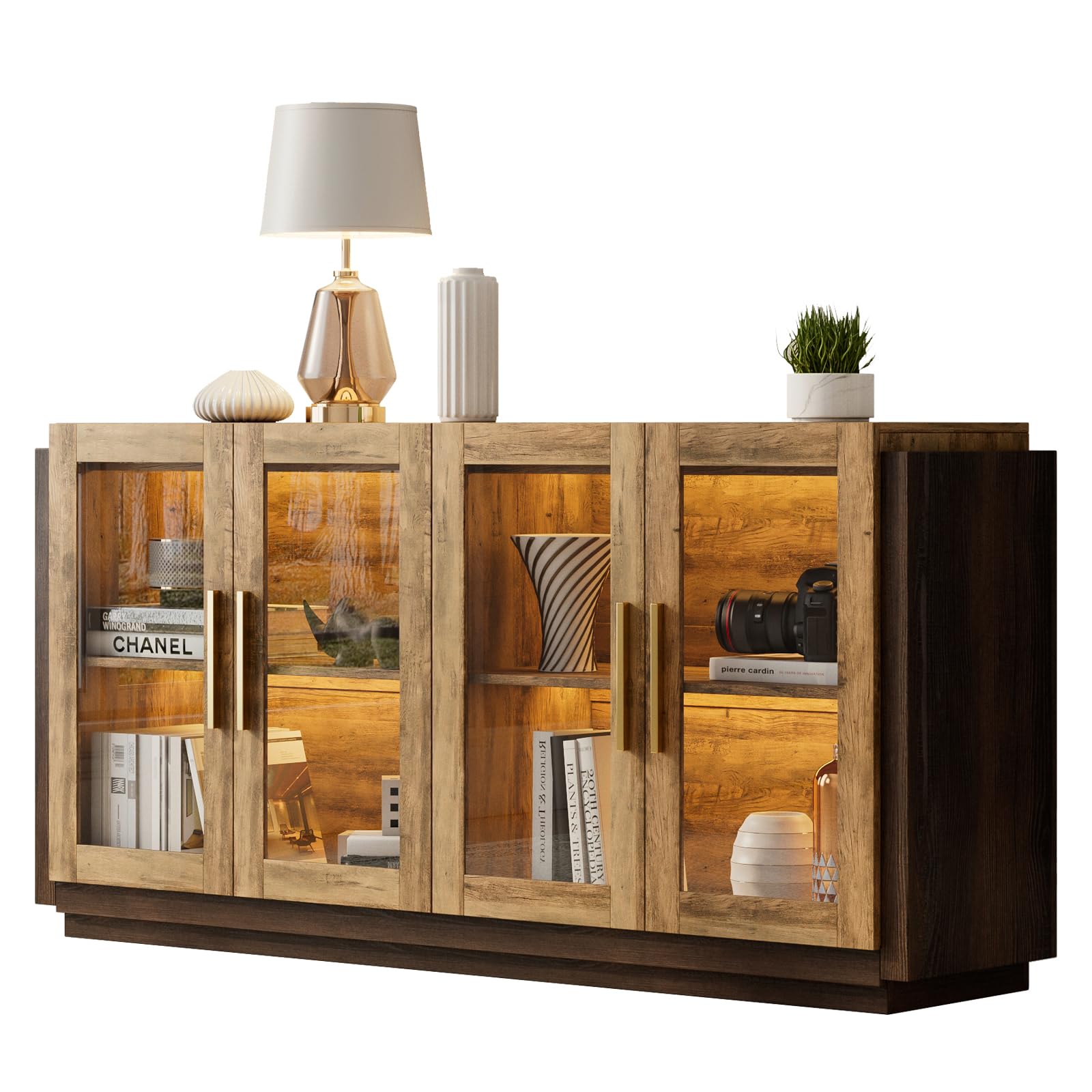 AMERLIFE Modern Sideboard Buffet Cabinet with LED Lights & Glass Doors - Adjustable Shelf Storage Console Table for Dining & Living Room - Barnwood & Brown Accent Furniture (Perfect for Home Decor, Entertaining & Displaying Collectibles)