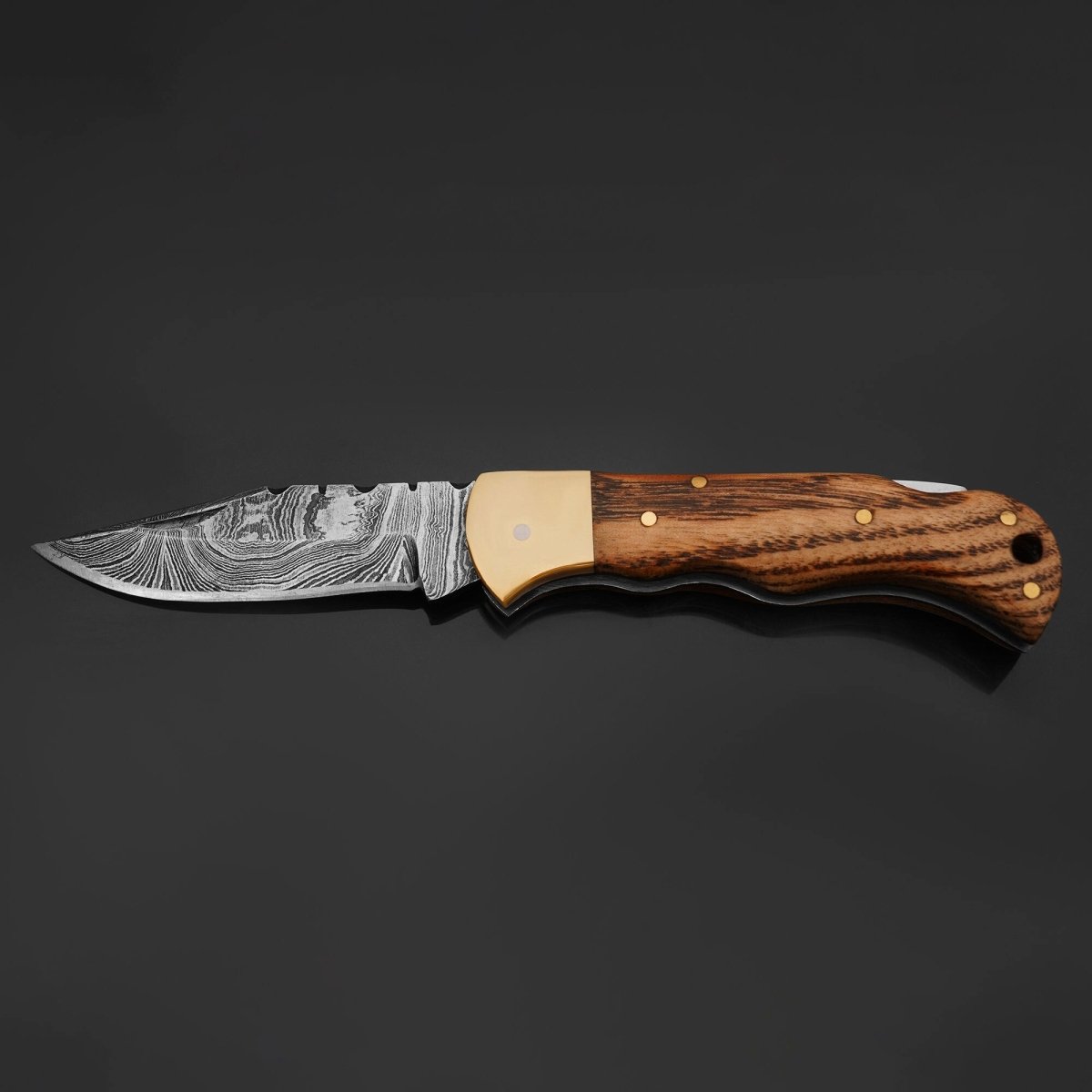 Premium Vanguard Damascus Steel Folding Pocket Knife - Handcrafted Charred Oak Handle for Outdoor, Camping, Hunting & Everyday Carry (EDC)