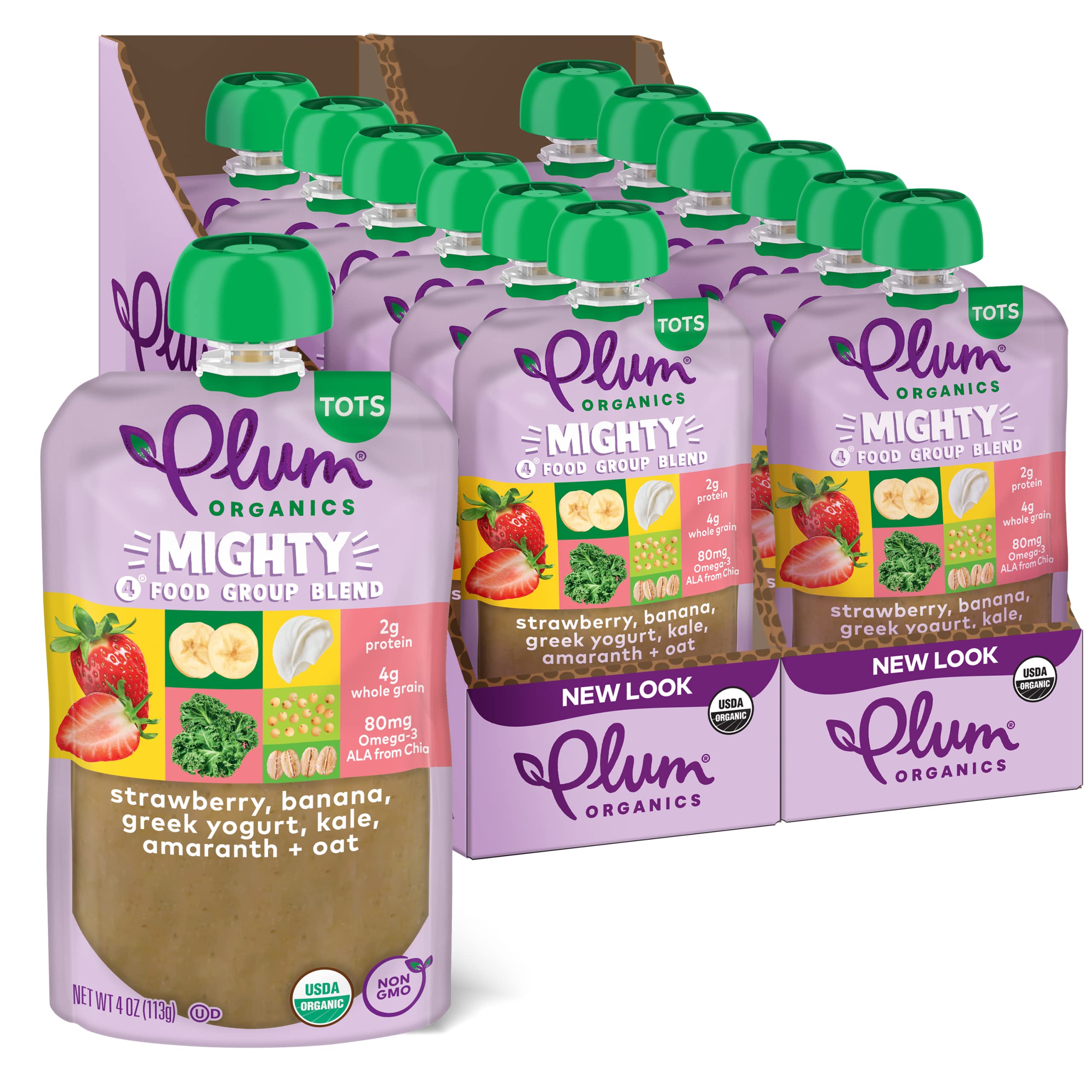 Organic Toddler Food Pouch - Plum Organics Mighty 4 with Strawberry, Banana, Greek Yogurt, Kale, Amaranth & Oat (4oz, Pack of 12) | Healthy Snack for Babies & Kids | Perfect for On-the-Go, Daycare & Travel