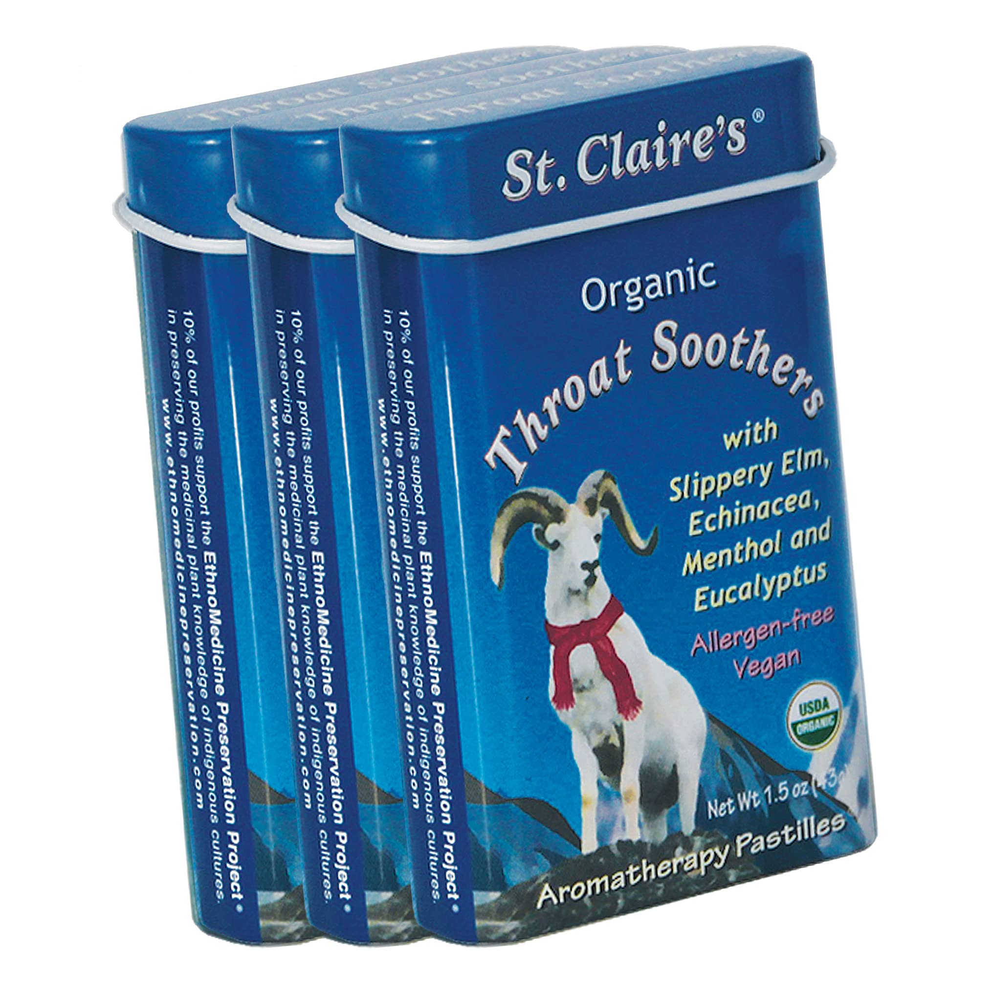 St. Claire's Organics Throat Soothers, 1.5 Ounce Tin (Pack of 3) - Gluten-Free, Vegan, Non-GMO, Plant-Based, Allergen-Free Lozenges - Made in USA - Soothes Sore Throat, Cough & Dry Mouth - Perfect for Travel, Work & Home Use